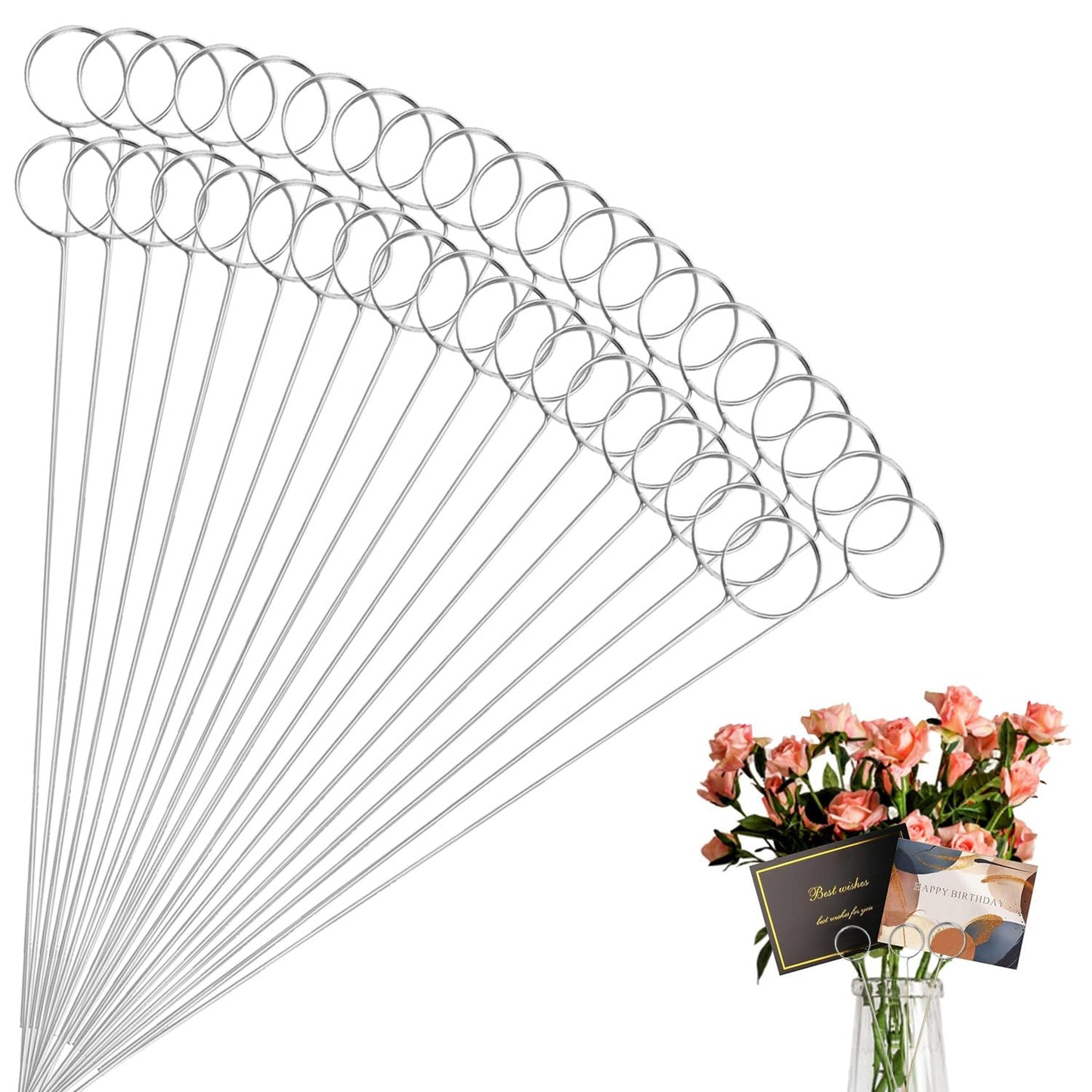 60 Pcs Metal Wire Floral Picks 13 Inch Wire Place Card Holder, Metal Table Name Number Clips Picture Stand, Round Photo Memo Flower Card Holder for Wedding Party Birthday Cake (Silver Round)