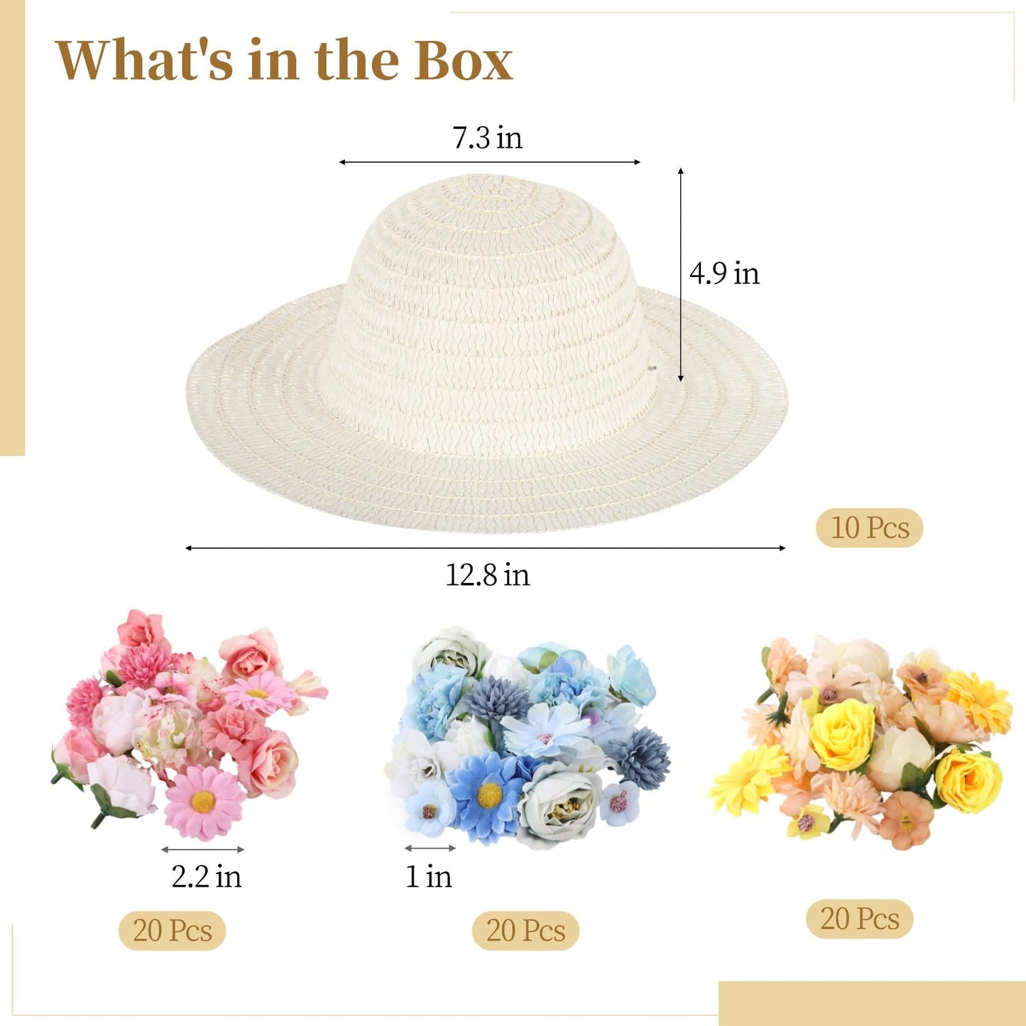 OMISTAR 70 Pcs DIY Straw Hat Kit, Tea Party Hats, Paintable Blank Sun Hats with 60 Assorted Faux Flowers, Party Craft Kit for Camping, Picnic, Beach Trip, Dress Up Party