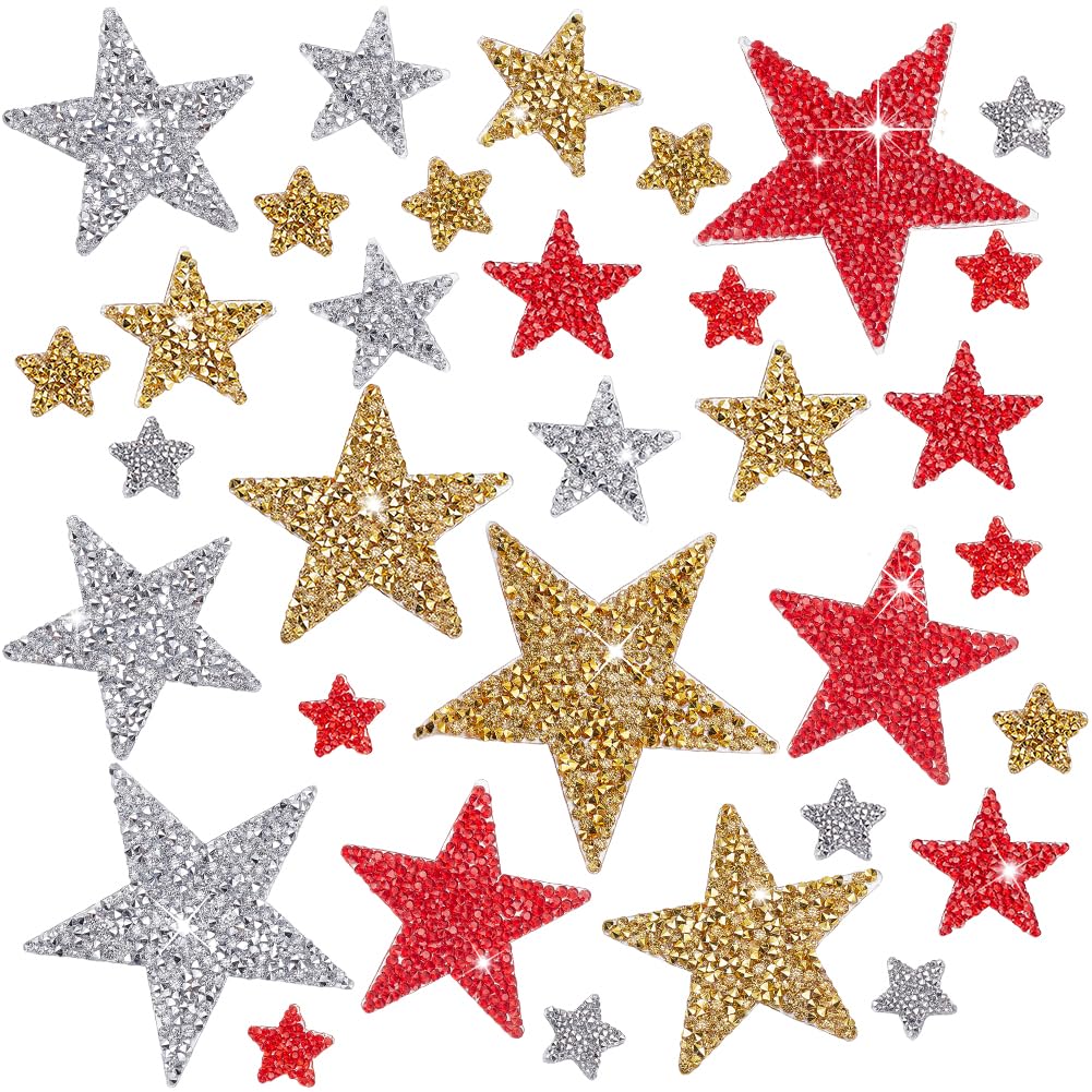BEUNITONE Iron-On Star Patches for Clothing, 33PCS Glitter Rhinestone Stars in 4 Sizes, Crystal Star Patches Sew-On Alternative for DIY Hat, Jacket, Jeans, DIY Embellishment Kit, Gold Silver Red
