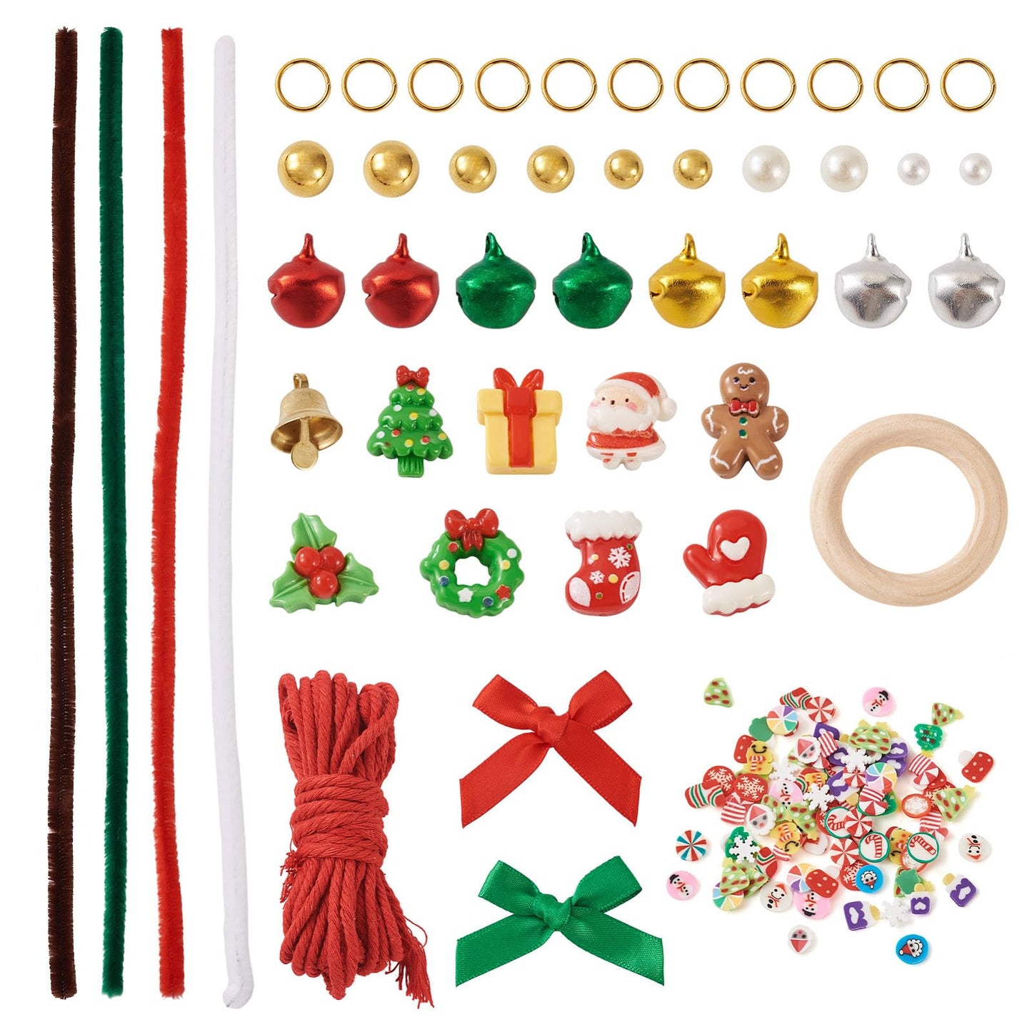 Magibeads Christmas Wreath Making Kits 80Pcs Pipe Cleaners 6Pcs Wood Linking Rings Aluminum Bell Charms Cute Plastic Beads Resin Cabochons for Christmas Decorations Holiday Party Supplies Adults