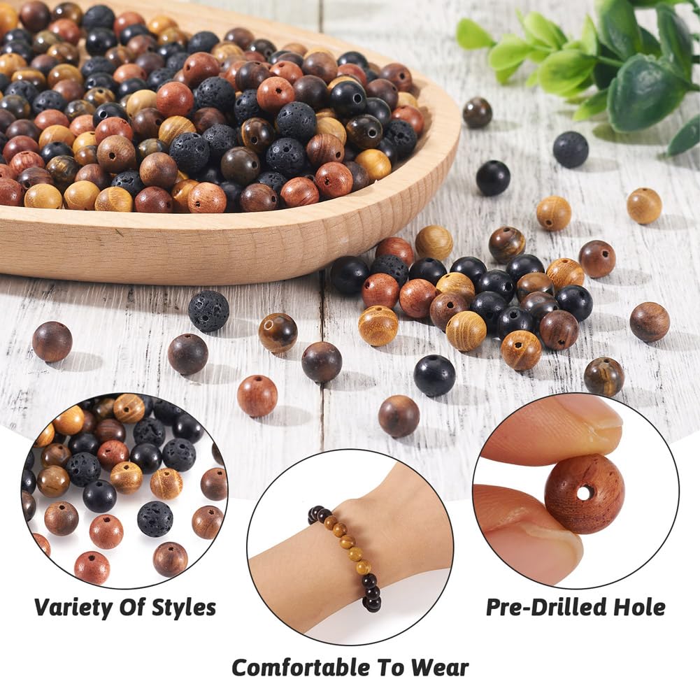 KISSITTY 300Pcs 6 Style Natural Wood Round Gemstone Beads Kit for Easter 8mm Lava Rock Bead & Grade AB Tiger Eye Wood Bead Natural Polished Wooden Ball Loose Beads for Men Bracelet Jewelry Making