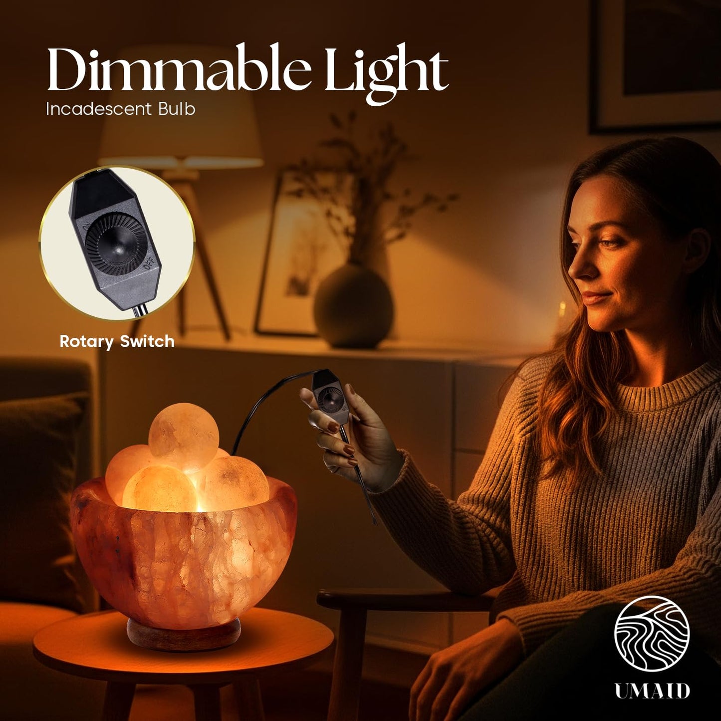UMAID Himalayan Salt Lamp Bowl with 6 Himalayan Massage Balls, Dimmable Pink Rock Salt Lamp Light for Bedroom, Office Desk & Meditation Room, Unique Spa Home Decor Relaxation Gifts for Men & Women