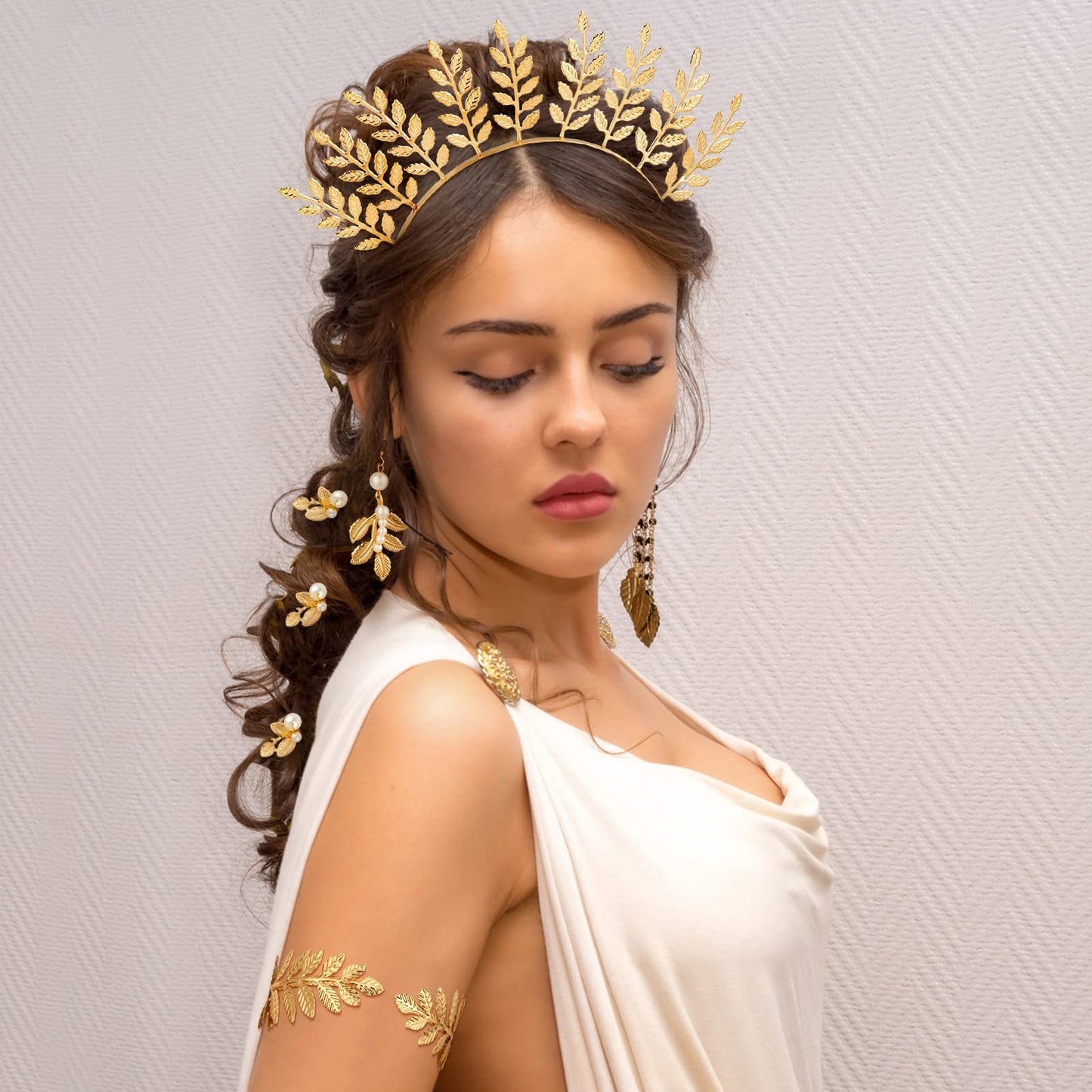 WILLBOND 15 Pieces Greek Goddess Headpiece Toga Accessories Women Golden Leaves Bridal Crown Headband Greek Goddess Wedding Headpiece Hair Accessories Bracelet Earrings Hair Pins(Elegant Style)