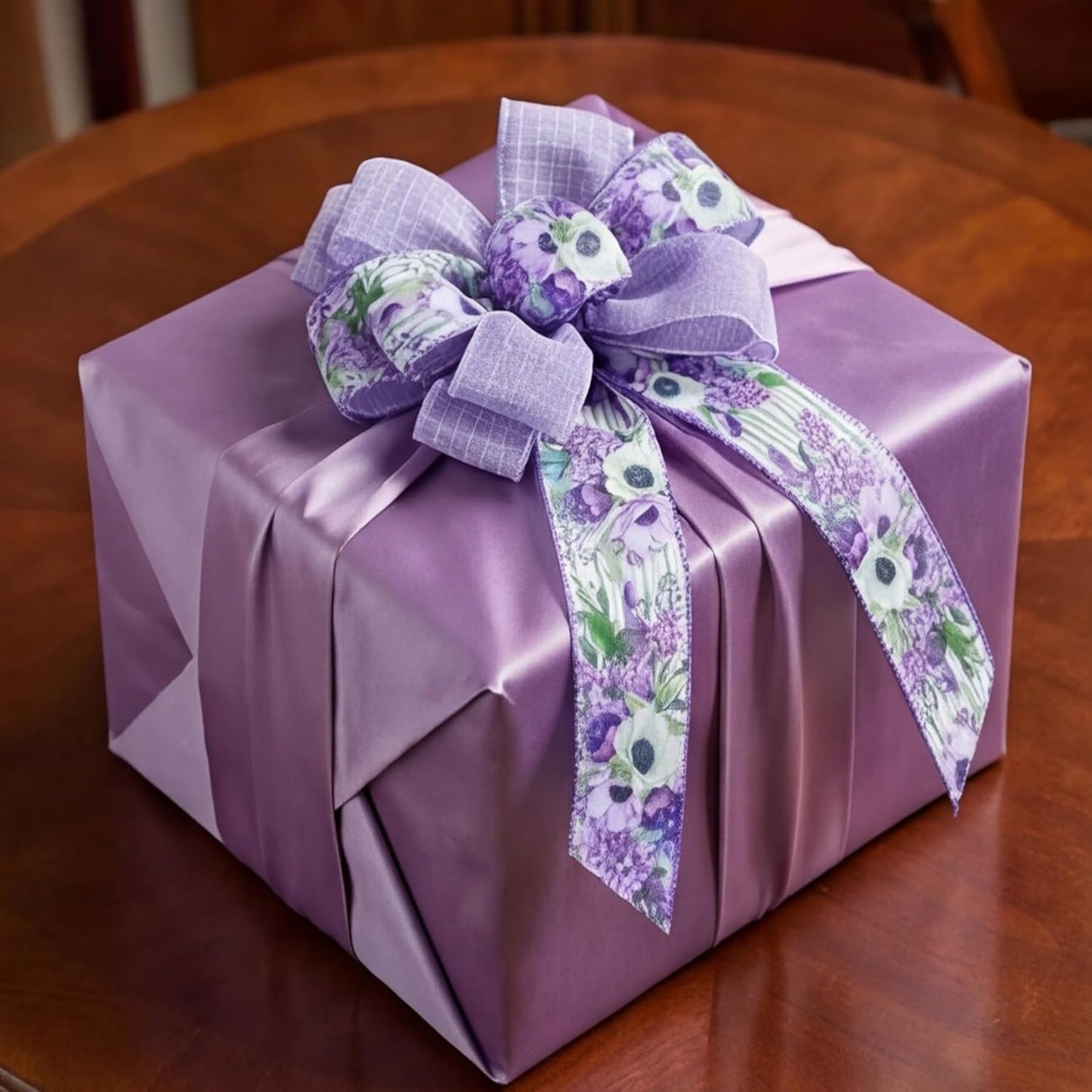 Spring Summer Purple Floral Wired Ribbon, 2.5 InchX 15 Yards Burlap Ribbon for Wreath, Bows, Gift Wrapping, Mother's Day, Wedding & DIY Craft (Purple)