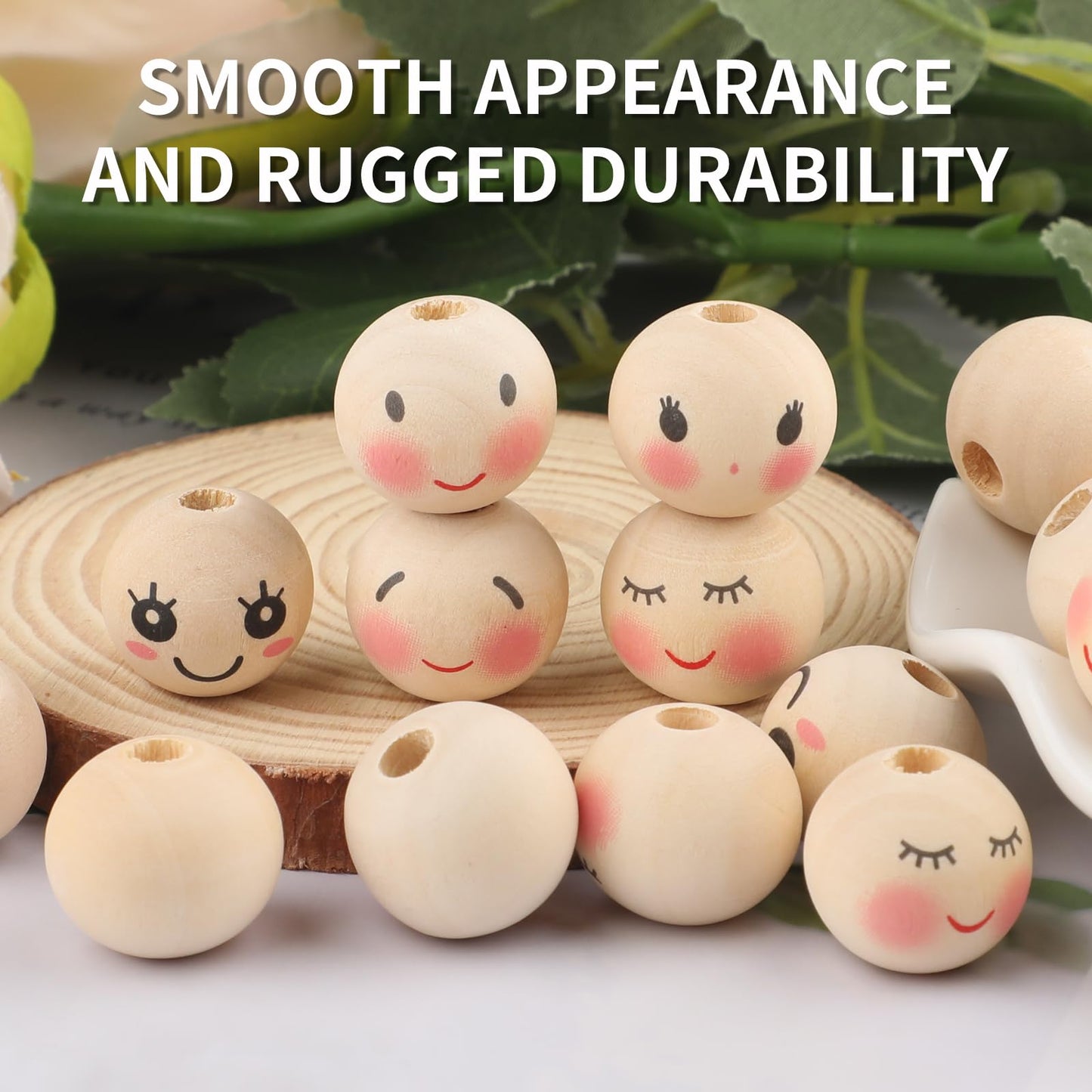 100PCS Wooden Beads for Crafts, 20mm Smile Wooden Beads with Holes, Natural Round Face Wood Bead for DIY Crafts, Jewelry Making, Angel Decorations(Style 2)