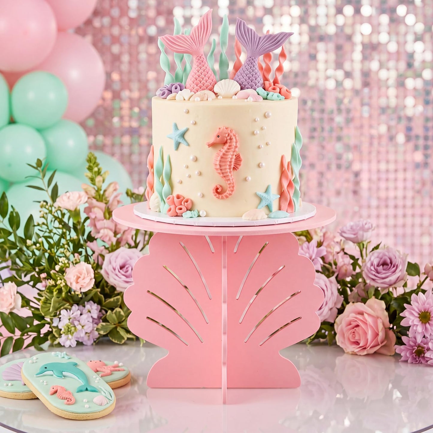 Lallisa 12" Shell Shaped Cake Stand Pink 3D Ocean-themed Party Decorations with Scalloped Base PVC Dessert Holder Centerpieces for Wedding, Birthday, Baby Shower & Tea Party Ocean-themed Supplies