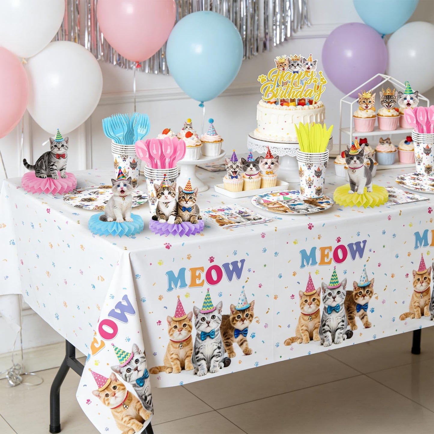 Cat Birthday Decorations Party Supplies Kit, Plates, Napkins, Cups, Cutlery, Banner, Hanging Swirls, Honeycomb Centerpieces, Balloons, Tablecloths for Cat Themed Birthday Party Decorations, Serves 20