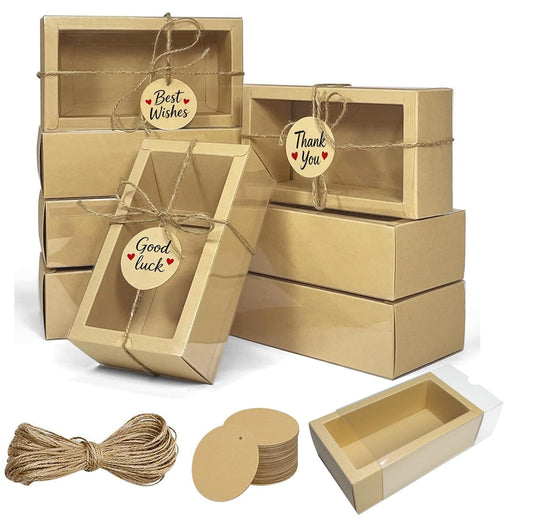 Corsiampoo 30 Pack Kraft Drawer Gift Boxes 6.5x3.5x2 Inch, Easy Assembly Durable Portable Window Boxes with Tags & String, Ideal for Gift Packaging, Party Favors, Retail Display & Commercial Packaging