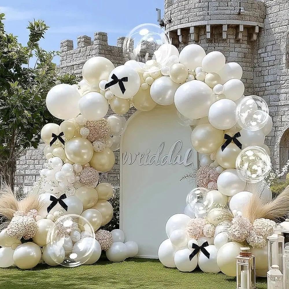 White Balloon Garland Arch Kit, Double Stuffed Cream Ivory Sand White Pearl Balloons with Bow Clear Balloon for Bridal Wedding Baby Shower Birthday Valentine‘s Day Party Decorations