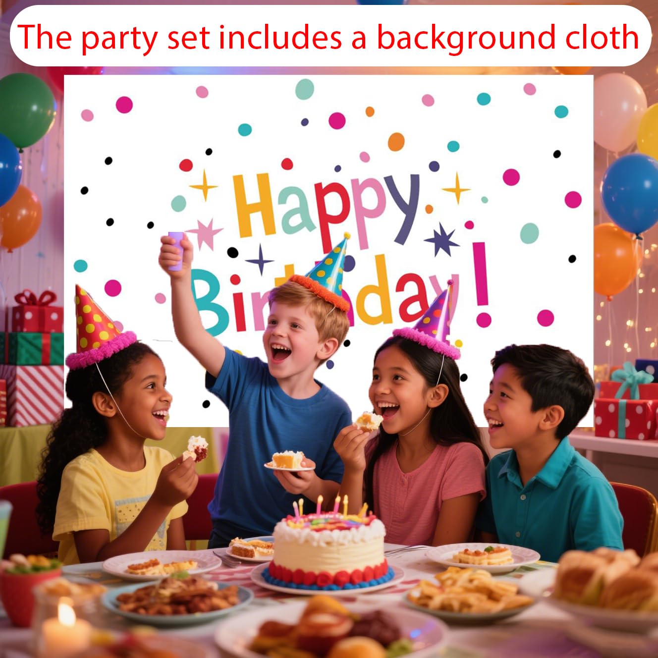 Happy Birthday Decorations Set for Kids - Party Supplies Kit with Honeycomb Balls, Banner, Backdrop, Balloons, Tablecloth, Plates, Napkins- Birthday Party Decor for Boys Girls