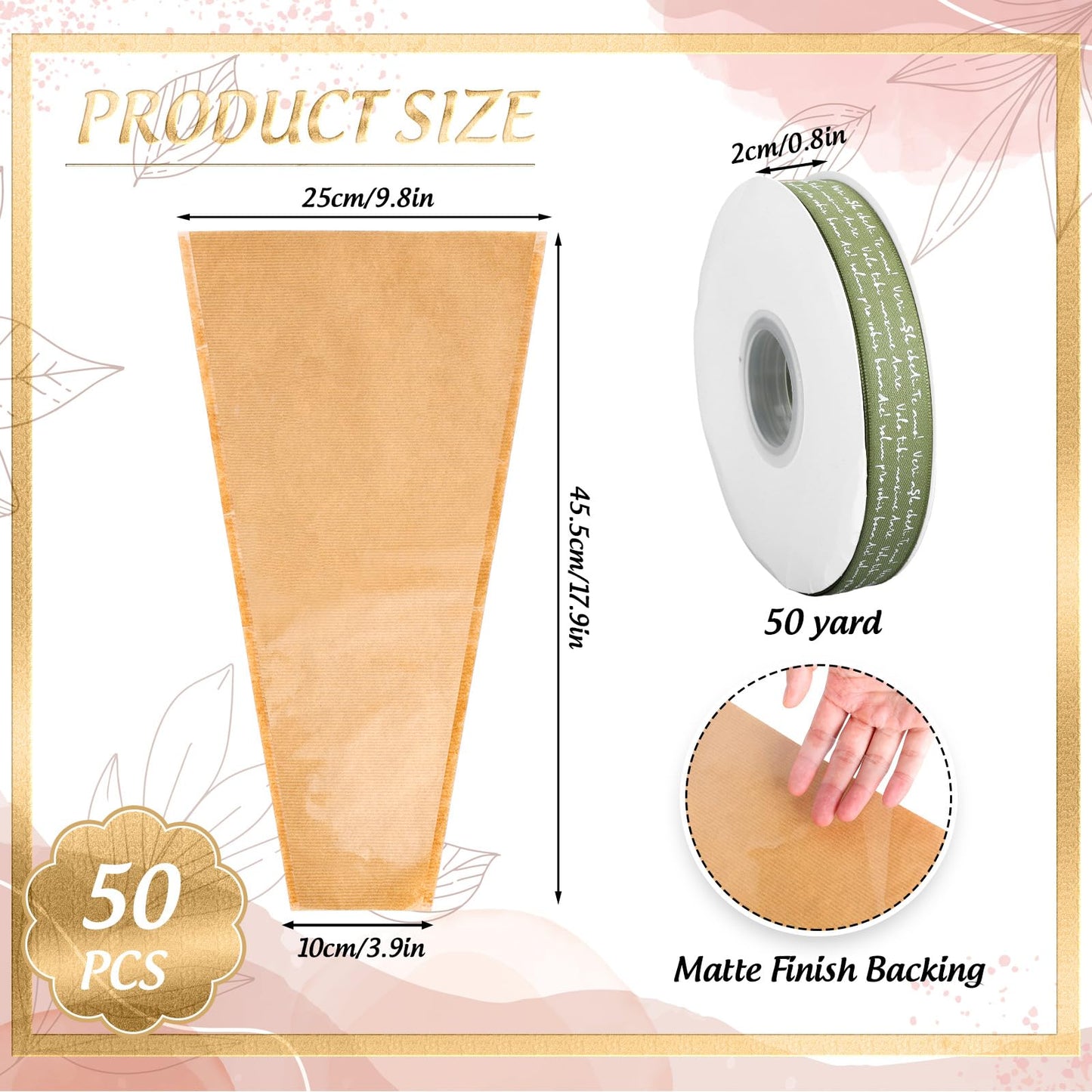 Whaline 50 Pcs Flower Wrapping Bags with Sage Green Ribbon Mother's Day Clear Floral Bouquet Cellophane Sleeves Brown Florist Packaging Supplies for Wedding Graduation Anniversary, 17.9x9.8x3.9 Inch