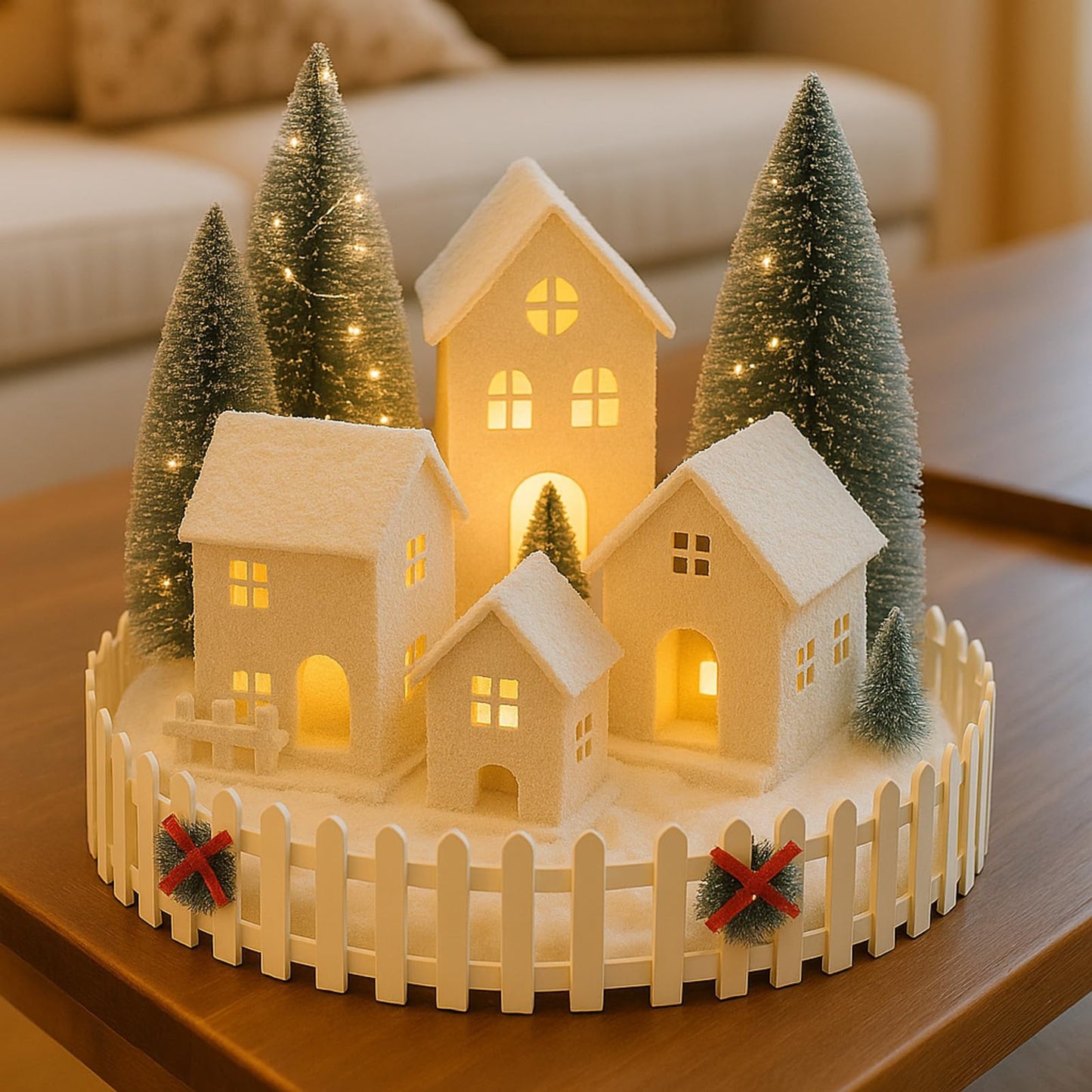 Soulchen 25 Pcs Christmas Village Set with LED Light Christmas Table Centerpiece Village Houses Display Accessory Farmhouse Winter Xmas Figurines Snow Scene Desktop Kit DIY for Holiday Landscape