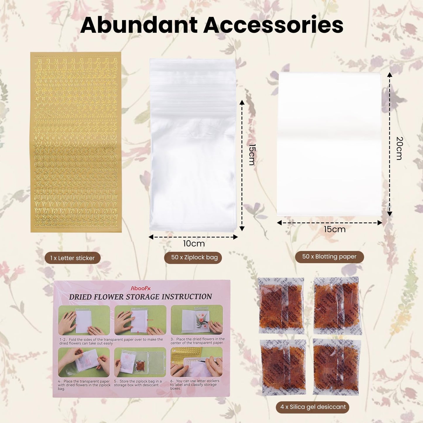 Aboofx 4PCS Dried Flower Storage Set with Blotting Paper, Ziplock Bag and Desiccant, Flower Preservation Kit - Good Seal, High Capacity to Keep Flowers Color and Dry (6.3 x 4.3 inch)