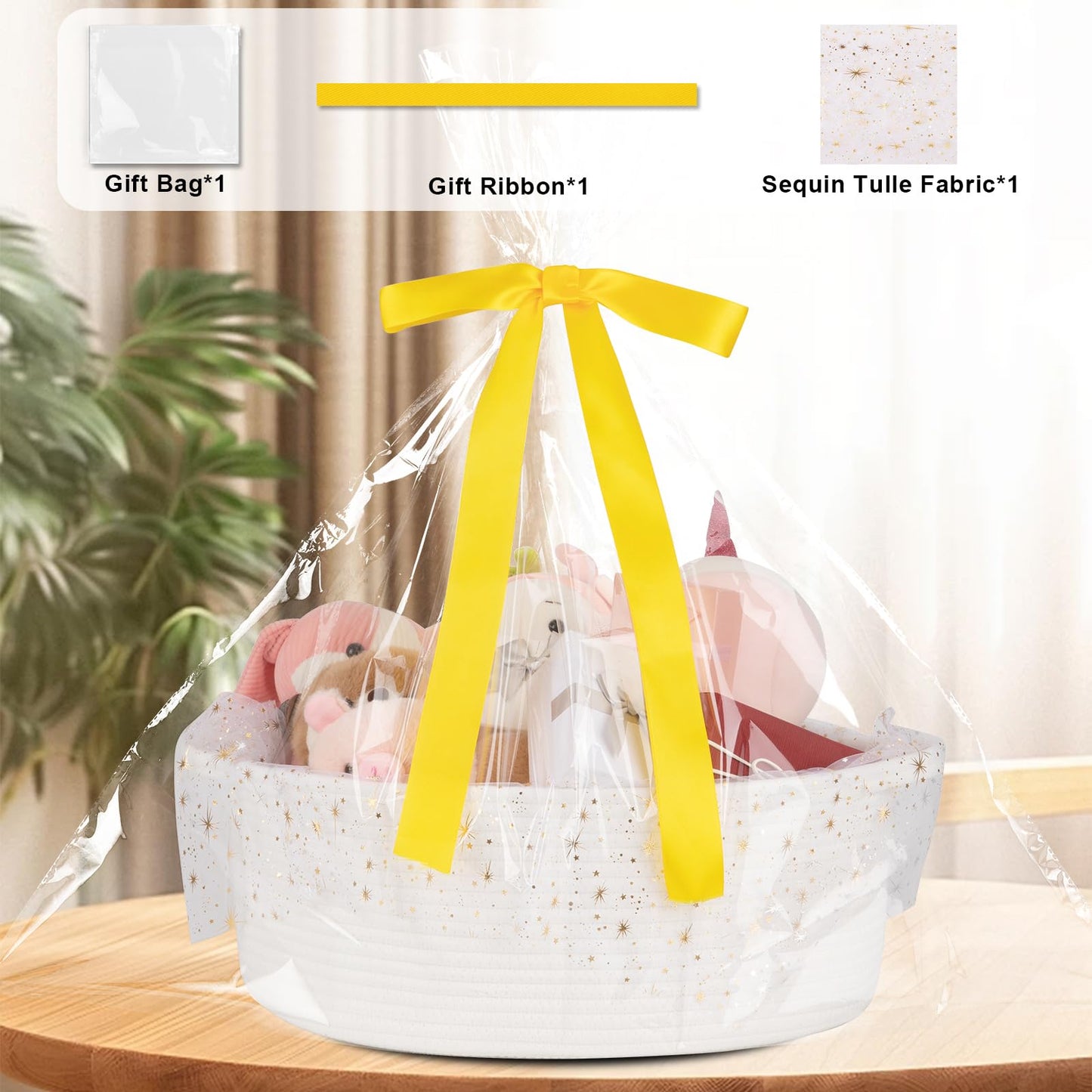 OIAHOMY Large Gift Basket Empty 17" x 12.6" x 7", Storage Basket with Gift Bag, Ribbon and Glitter Tulle for DIY Anytime, Toy Storage for Kids, Dogs with Handles in A Stylish Design - White