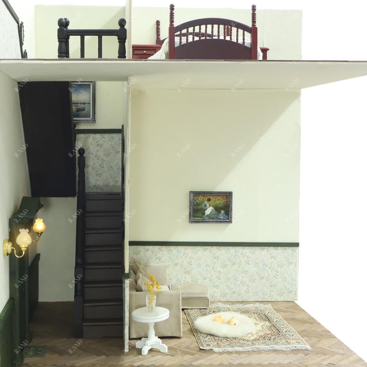 iLAND 1/12 Scale Accessories of Miniature Wooden Dollhouse Staircase with Adjustable Handrails and DIY Railing Complete 2 Stairs Sets for Modern or Victorian Dollhouse Building