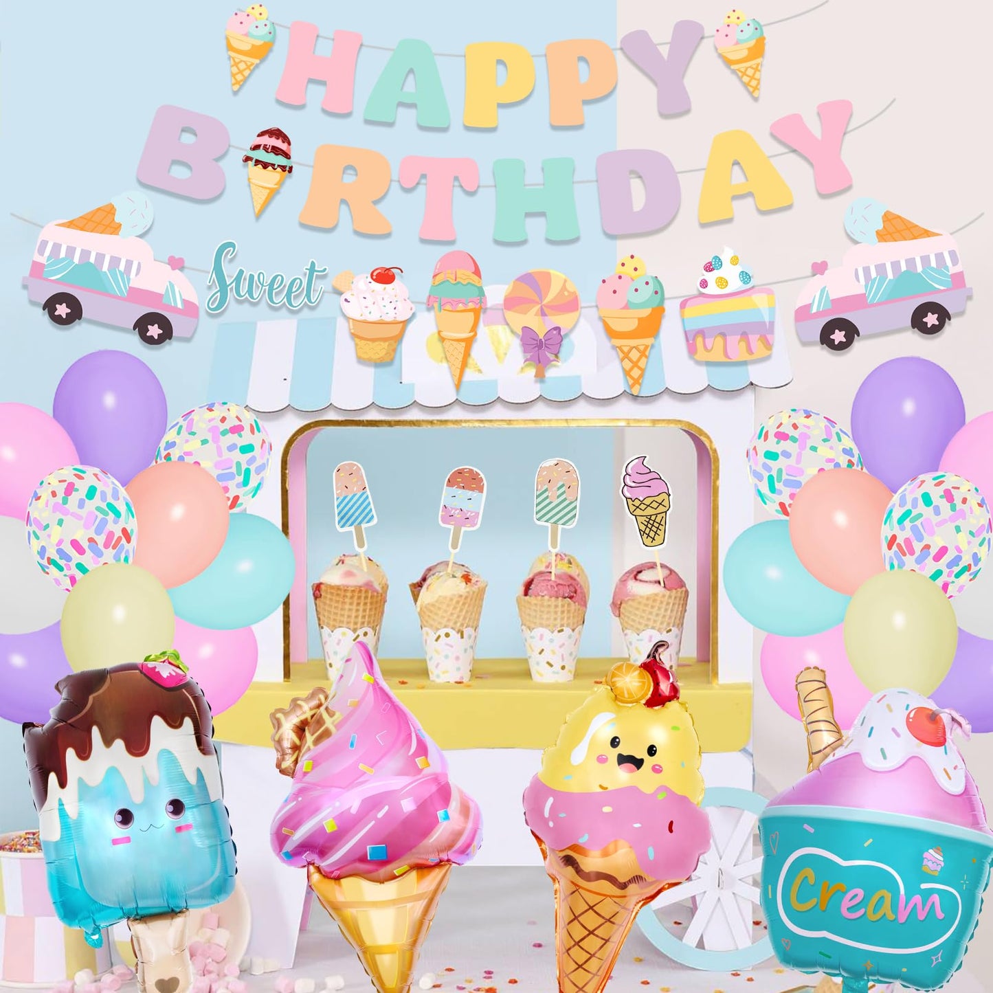 75Pcs Ice Cream Birthday Party Decorations for Girls Kids, Pastel Ice Cream Balloon Garland Arch Kit First Two Sweet Birthday Banner Foil Sprinkle Long Twist Balloons Cupcake Toppers Party Supplies