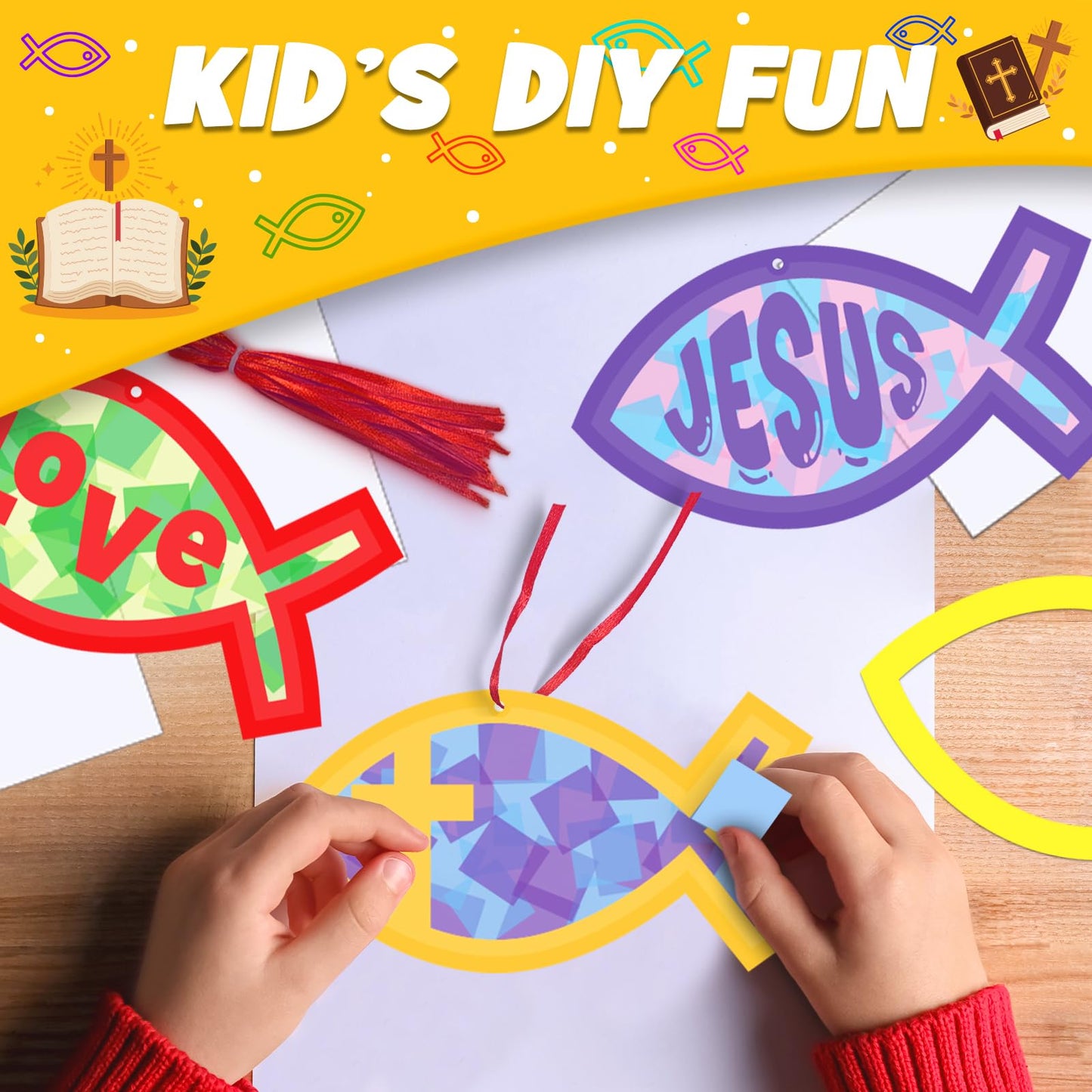 42 Packs Faith Fish Suncatchers Crafts for Kids, Christian Jesus Fish DIY Religious Cross Tissue Paper Sign Art Craft Kit for VBS Sunday School Home Classroom Church Bible Activities Party Decor