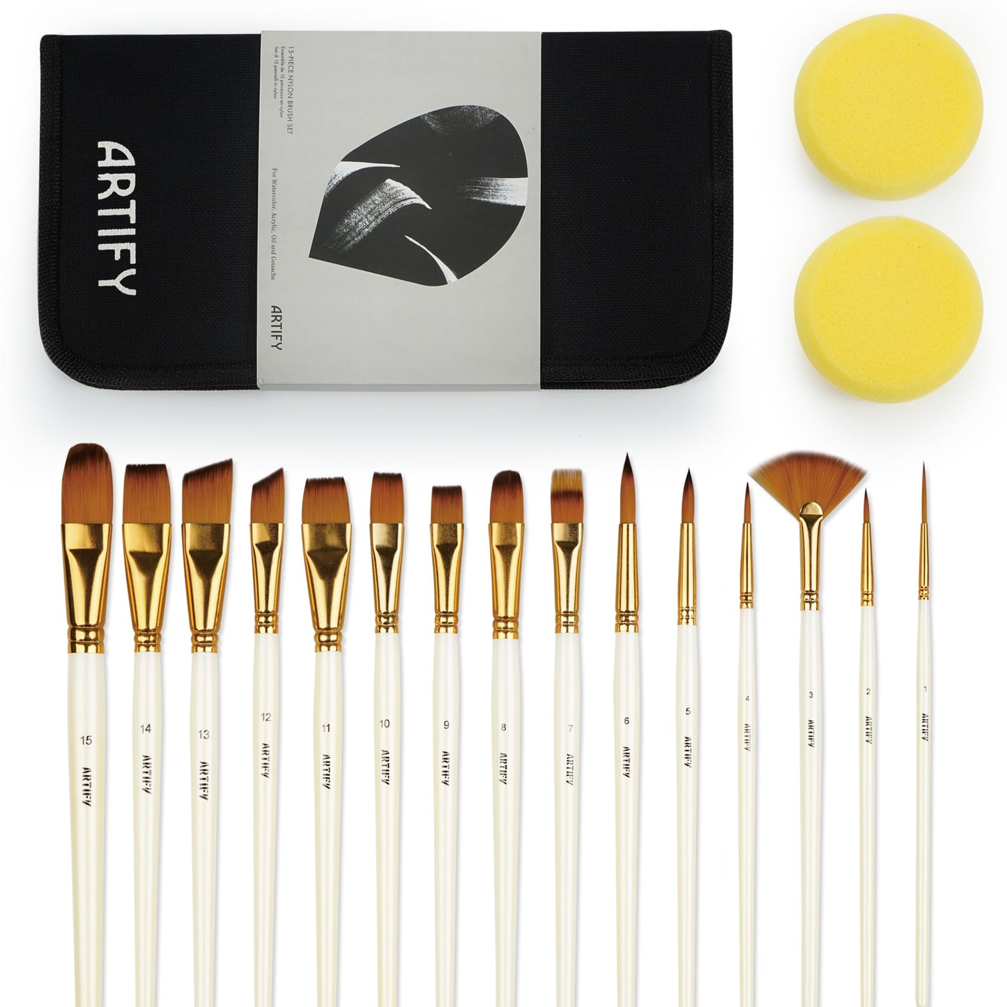 18 Piece Paint Brush Set, ARTIFY 15 Acrylic Paint Brushes, Palette Knife, and 2 Sponges, Professional Artist Paint Brushes for Acrylics, Watercolors, Gouache, Canvas, and Face Painting, Ivory White