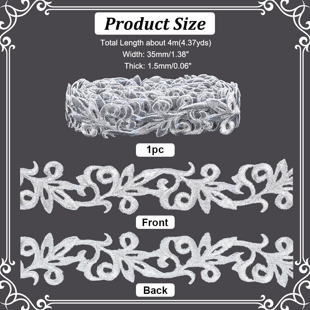 NBEADS About 4.37 Yards(4m) Silver Embroidery Polyester Ribbons, 1.38" Wide Metallic Lace Trim Iron on Metallic Flower Lace for Sewing Costumes Gowns Home Decor Garment Accessories, Thick:1.5mm