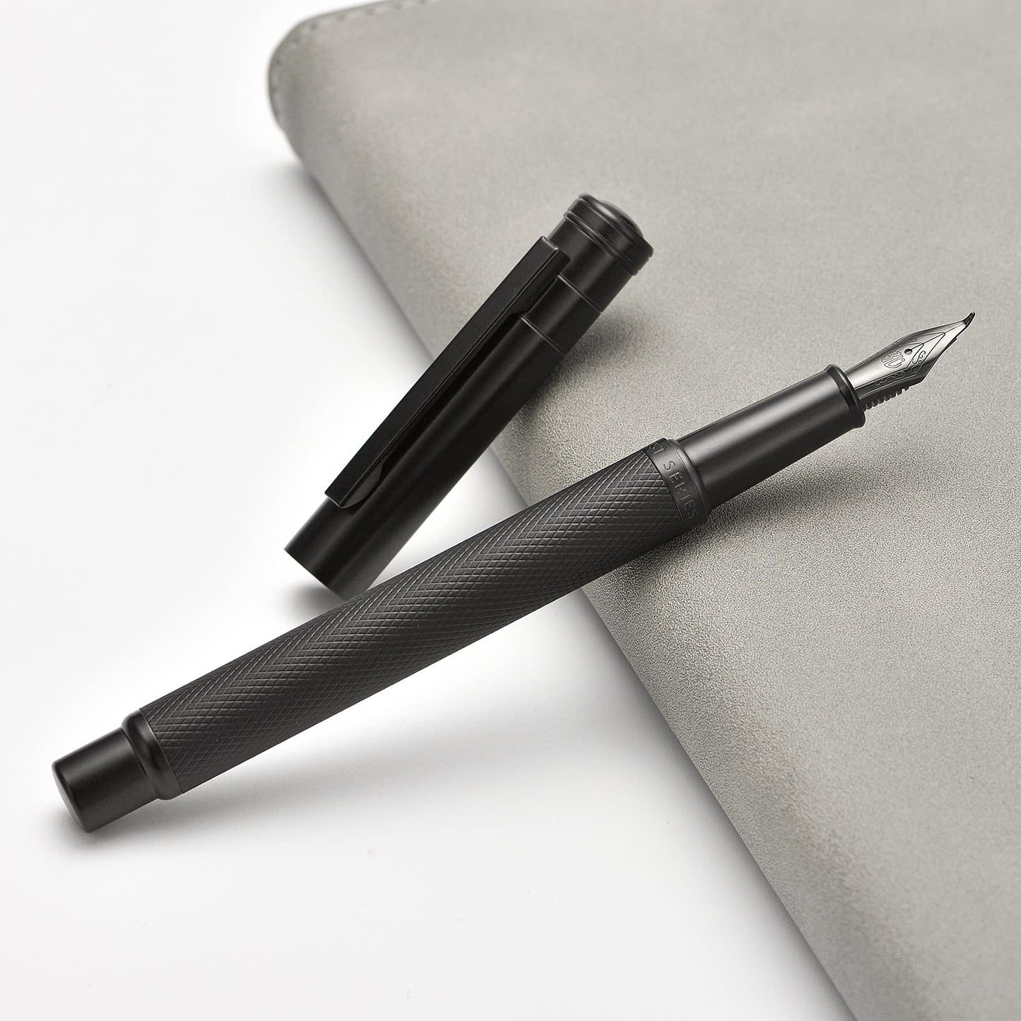 Brushed Black Forest Fude Pen, Bent Nib Calligraphy Fountain Pen (Fine to Broad) with Converter and Metal Box Set by Asvine