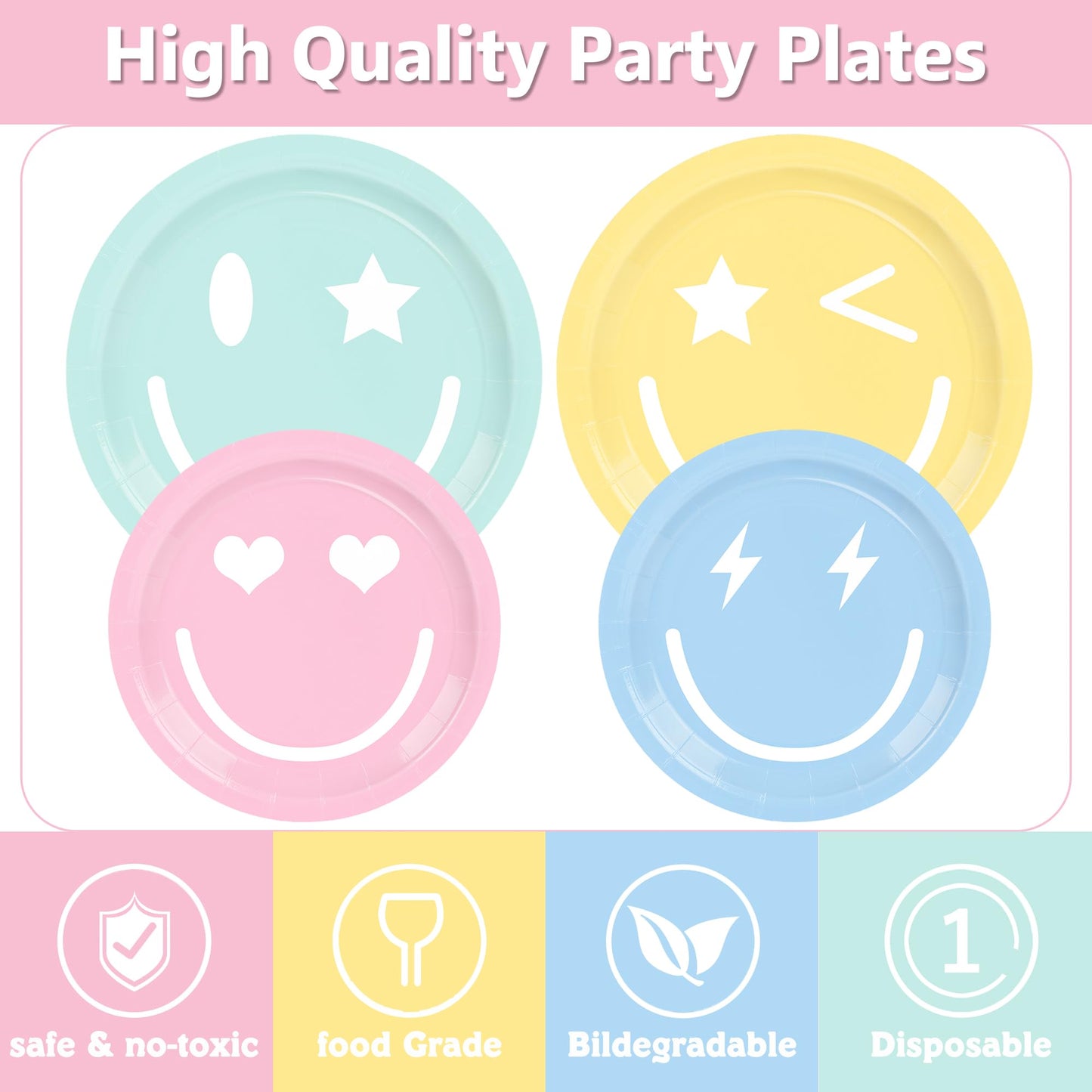 199PCS Smiley Face Birthday Decorations Smile Pastel Themed Preppy Theme Plates and Napkins Set,Balloon, Banner,Tablecloth, Hanging,Cupcake Topper,Smiley Pastel Birthday Party Supplies Serve 24 Guests