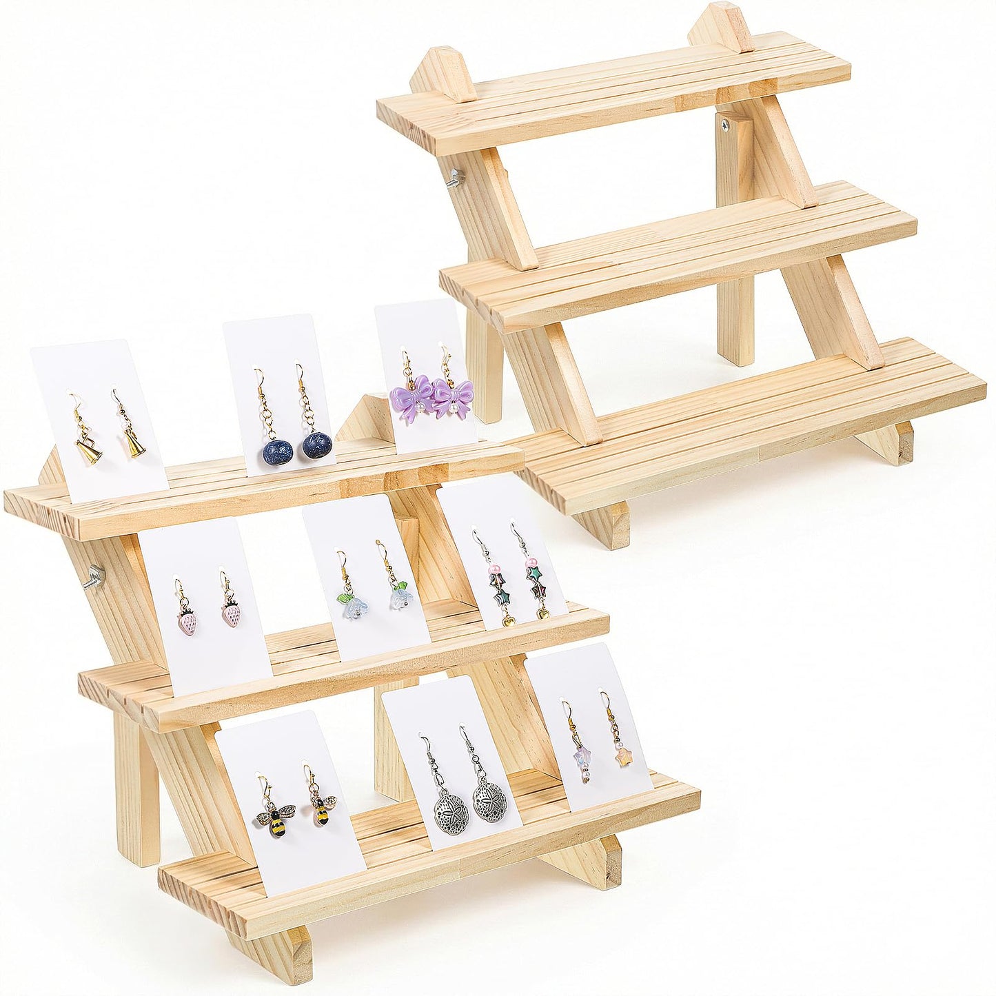 HANLANXUE 3 Tier Wooden Display Stand, 2 Pack Earring Display Stands For Selling Detachable Wood Tiered Jewelry Card Show Stand for Jewelry Cupcake Party Home Photo Outdoor Stalls