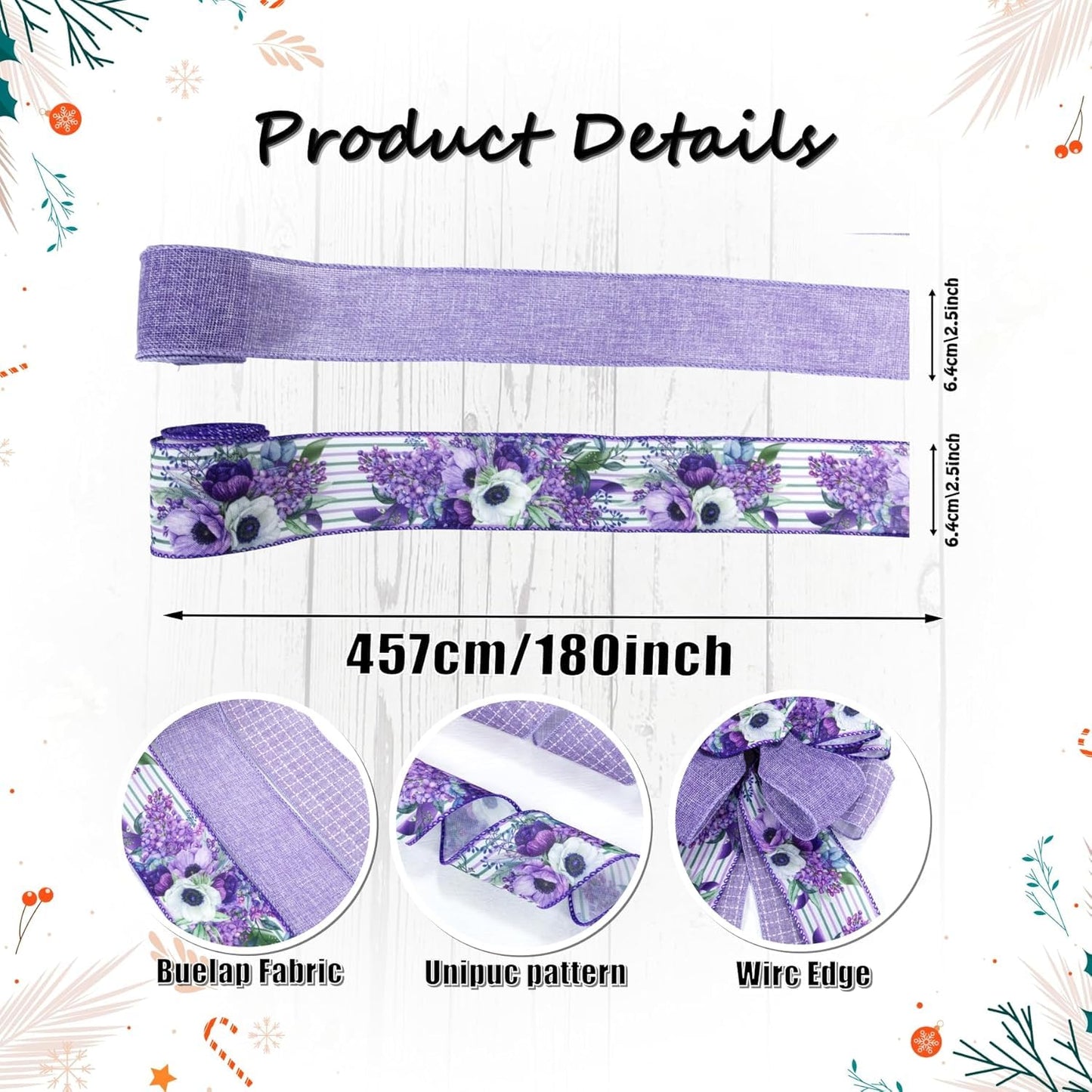 Spring Summer Purple Floral Wired Ribbon, 2.5 InchX 15 Yards Burlap Ribbon for Wreath, Bows, Gift Wrapping, Mother's Day, Wedding & DIY Craft (Purple)