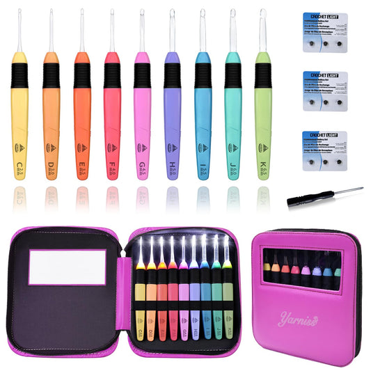 Yarniss Led Light Crochet Hooks Set with Case,9 Size Light Up Crochet Hooks 2.5mm~6.5mm Include Battery，Ergonomic Glow in Dark Handles