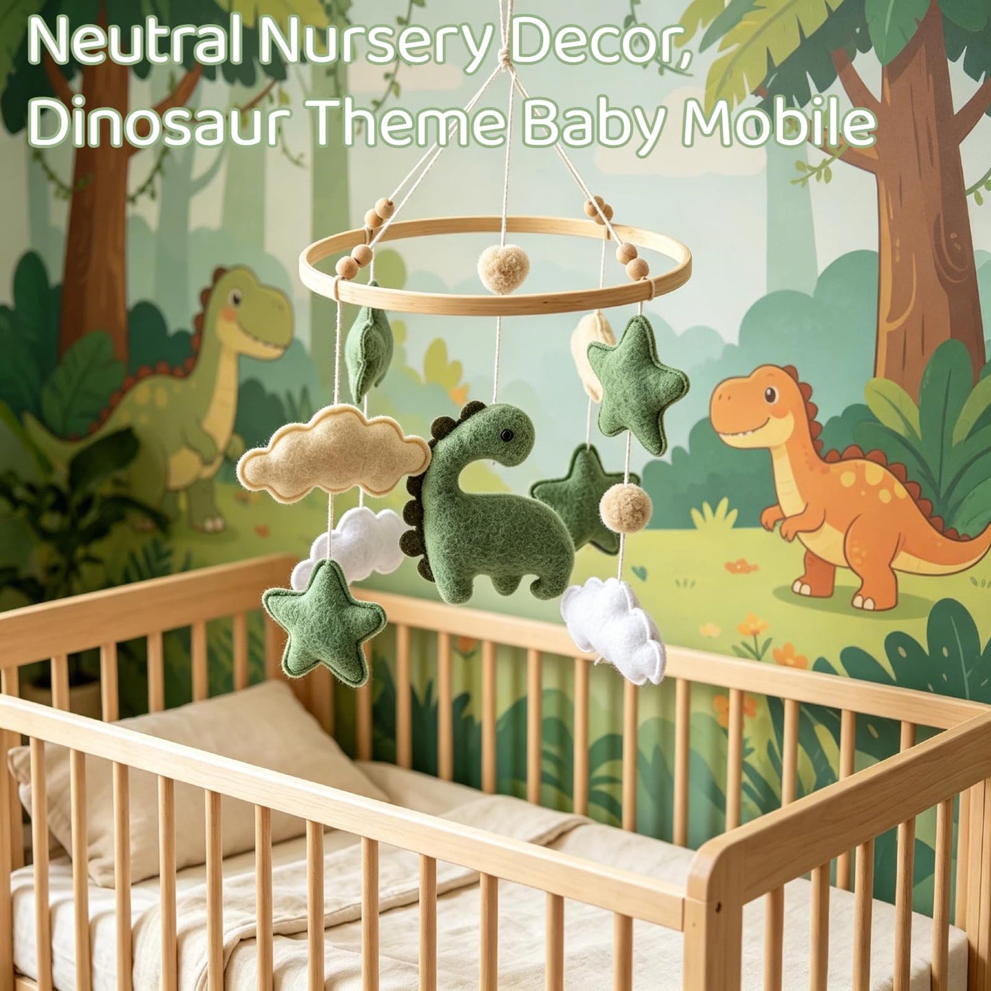 Soft Green Dinosaur Theme Baby Mobile for Crib, Simple Crib Bell for Boys and Girls,Handmade Felt Clouds Nursery Ceiling Decoration,Easy to Install Cotton Animal Charms for Bassinet