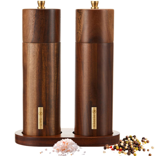 LOYIM Wooden Salt and Pepper Grinder Set 8 Inch Manual Salt and Pepper Mill with Tray Adjustable Coarseness Refillable Wood Grinders with Gold Bottle Label for Kitchen Christmas Home Gift(Wood Color)