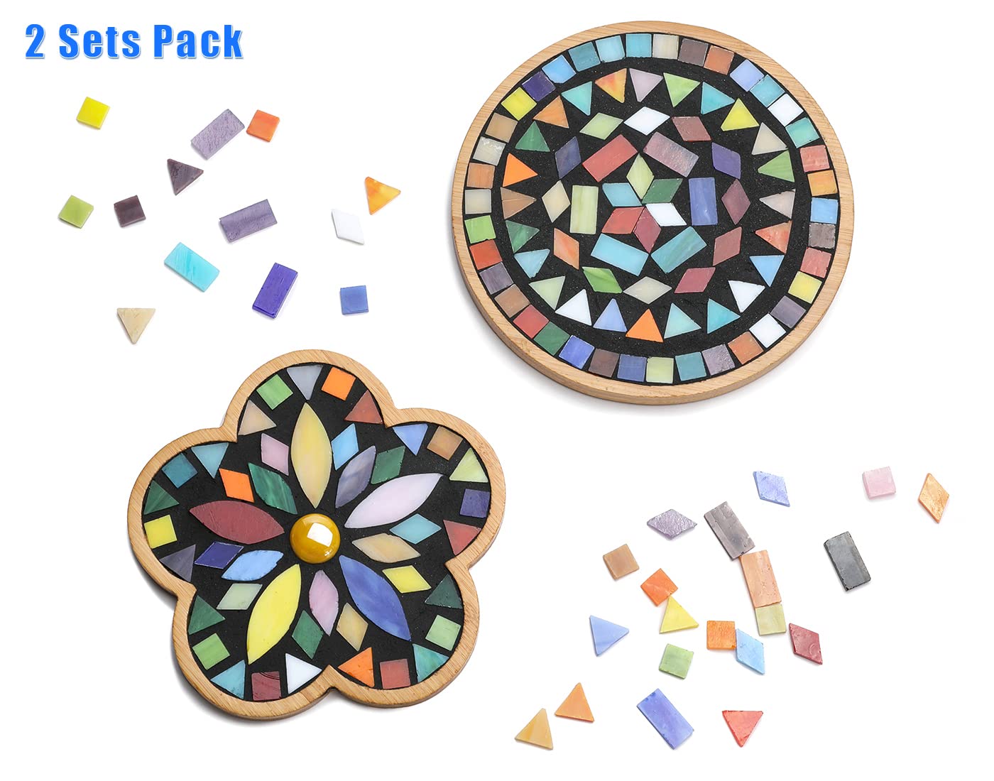 Lanyani 2 Sets of DIY Mosaic Craft Kits Mosaic Tiles Coaster Kit Make Your Own Mosaic Project Handmade Craft Set with Stained Glass Mosaic Tile Pieces for Decoration and Gift