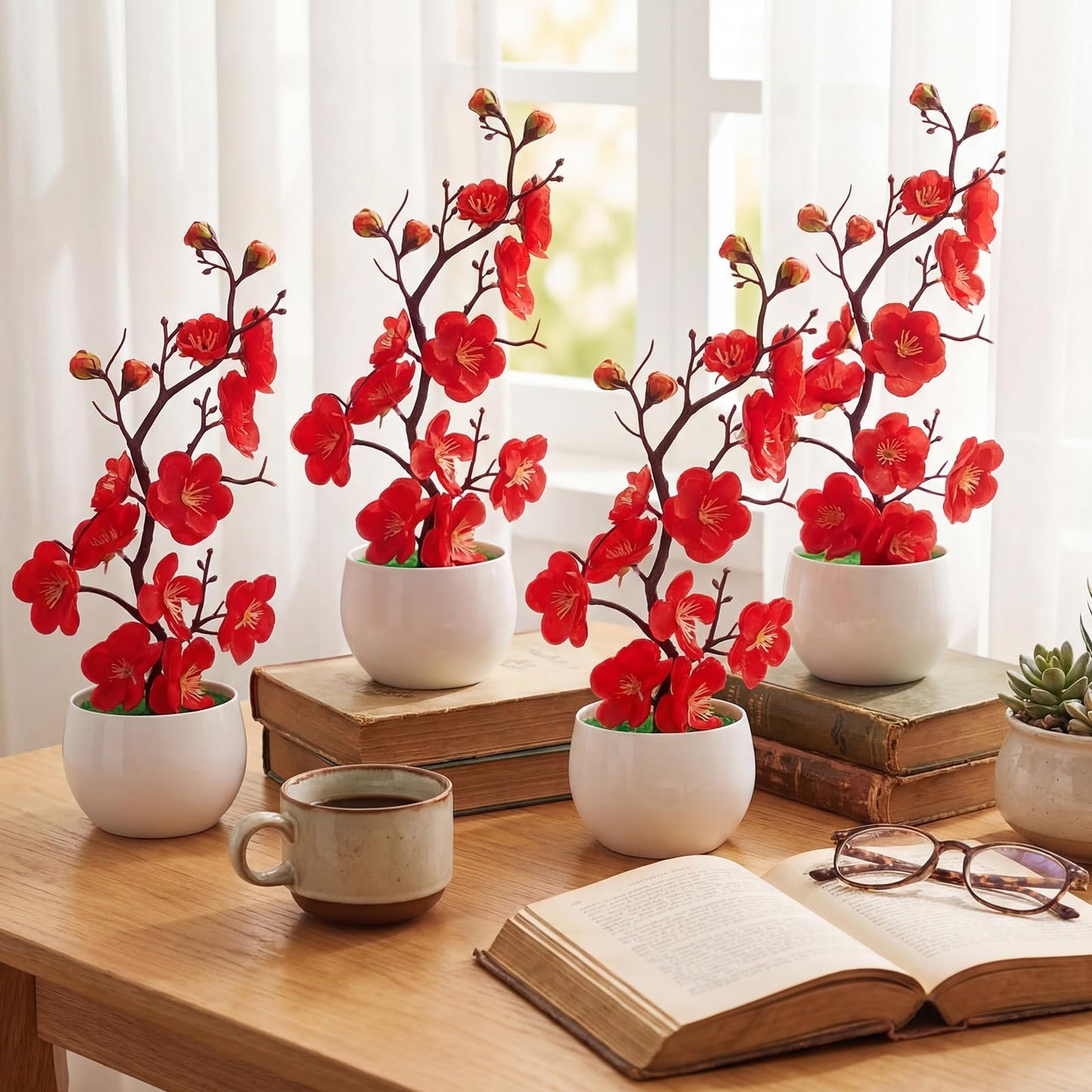 Suncalla 4 Pack Artificial Plum Blossom Bonsai, Fake Plum Blossom Silk Flower Arrangement with Flower Pot, Cherry Blossoms Decor for Hibachi Party Chinese Japanese Asian Theme Party Supplies(Upright)