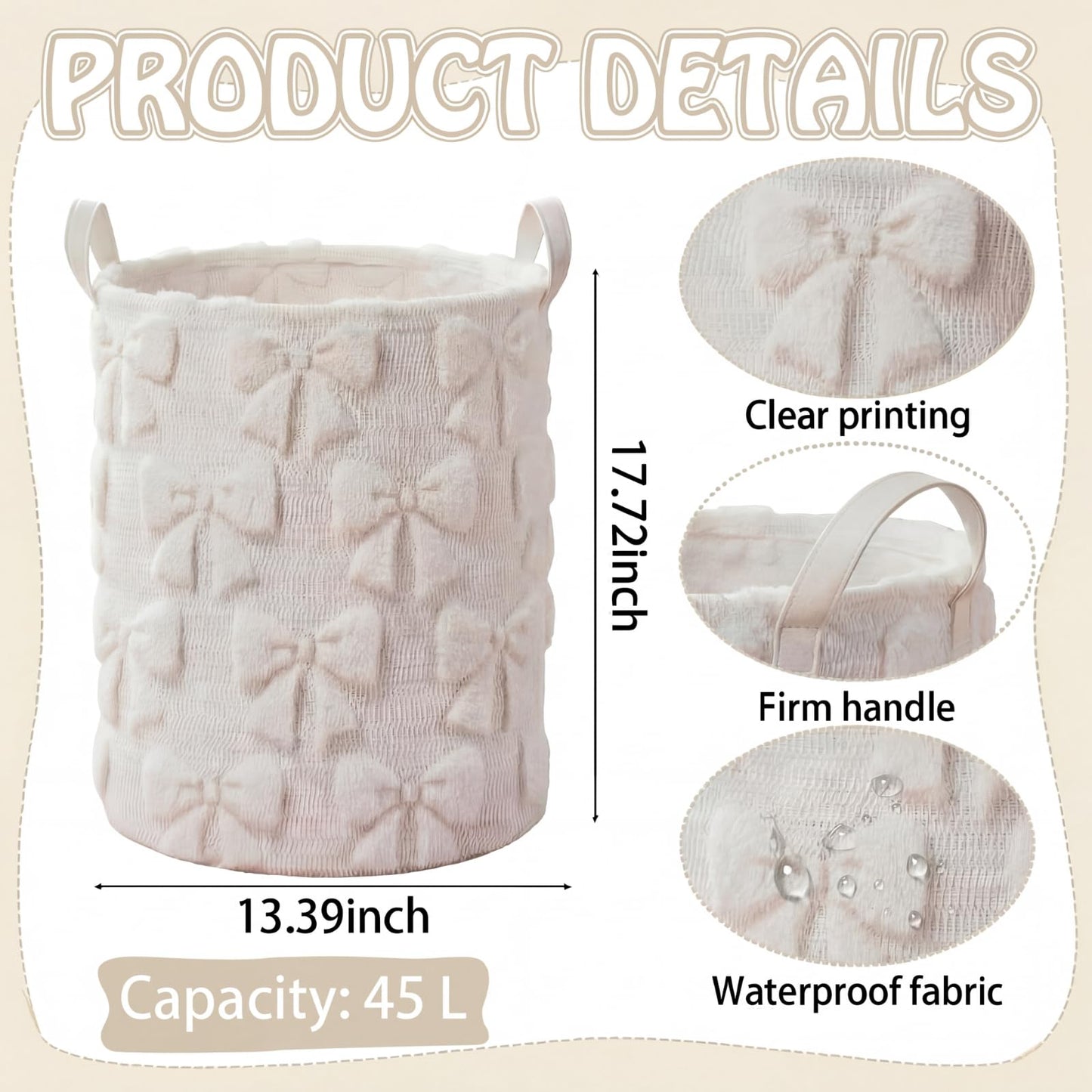 Blushtier White Bow Laundry Hamper Girls Room Decor Coquette White Bow Plush Faux Fur Basket Kids Large Storage Basket Collapsible Organize Bins for Gifts Toys Blanket Clothes Nursery Bedroom