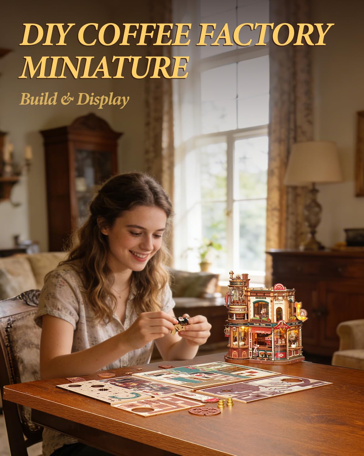 ROKR Moving Dream Coffee Factory DIY Miniature House Kit - 3D Wooden Puzzles for Adults with Music Box & LED Lights, No Glue Kinetic Model Building Kit, Unique Home Decor Gifts for Adults Women Men