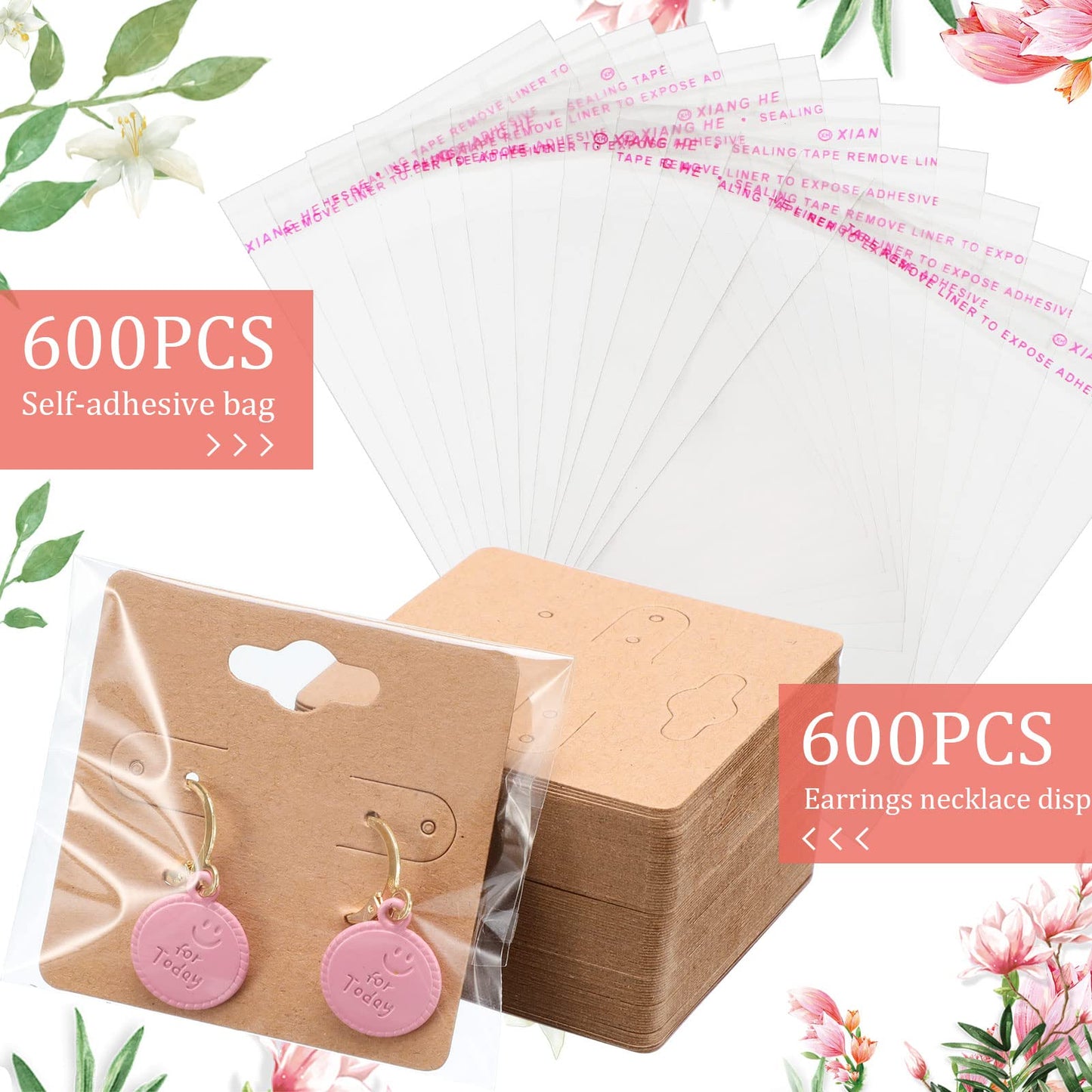 600 Pcs 2 x 2 Inches Earring Holder Cards Bulk with Self Sealing Earring Bags Kraft Earring Cards Jewelry Display Cards for Selling, Hanging Earring, Jewelry, DIY Crafts, Retail