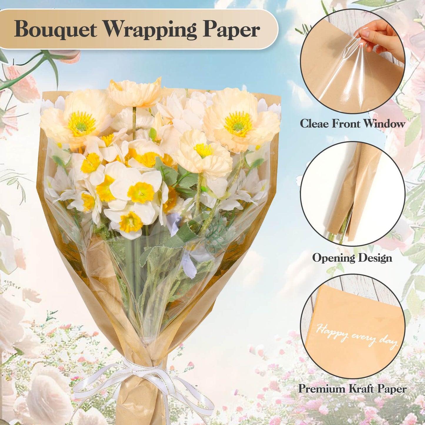 cridoz 50 PCS Flower Wrapping Paper Sleeves for Bouquets with 50 PCS Floral Card Holder Picks and Ribbons, Kraft Bouquet Bags for Flower Bar, Mother's Day, Graduation, Valentine, 22 x 14 Inches