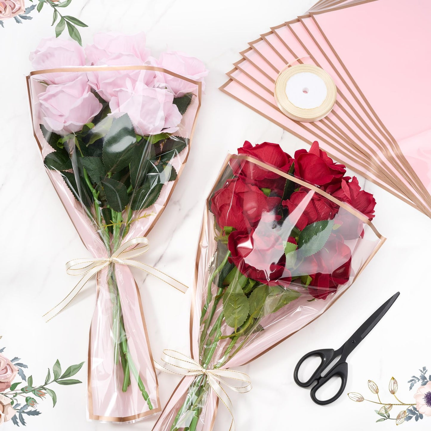 YooNotee 60 Pcs Flower Wrapping Bags for Valentine's Day Bouquets Supplies 17.7 x 10.9 Inches Plastic Flower Bouquet Sleeve Clear Front Floral Wraps with Ribbons for Graduation Party (Pink)