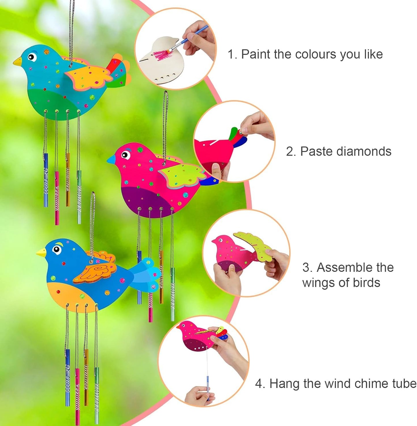 Fennoral 6 Pack 3D Bird Wind Chime Craft Kit for Kids Make You Own Birds Wind Chimes Ornament Wooden Arts and Crafts for Kids DIY to Paint Bird for Winter Spring Art Activity Birthday Decoration