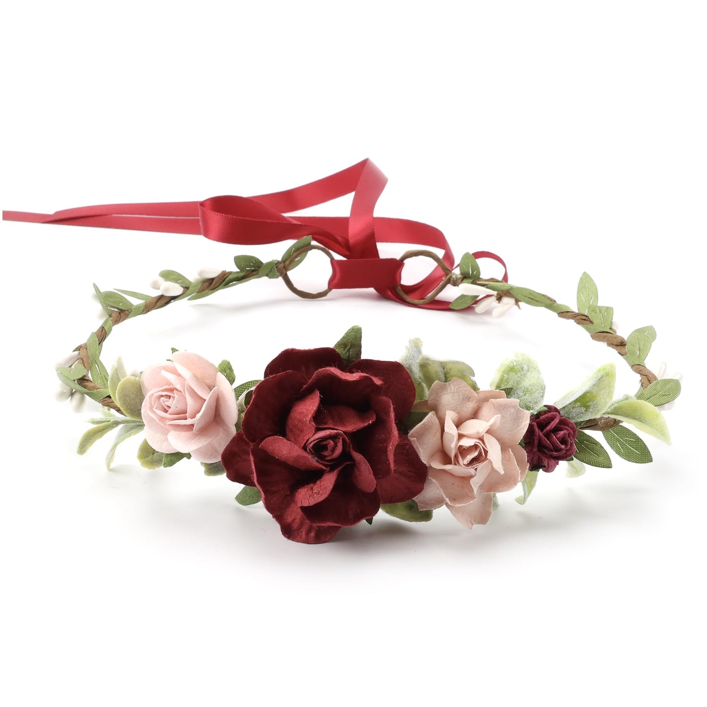 PoshMyra Flower Crown for Girls Floral Headpieces Kids Headband Wedding Halo Hair Pieces Children Hair Wreath Photo Prop (Burgundy-Child Size)