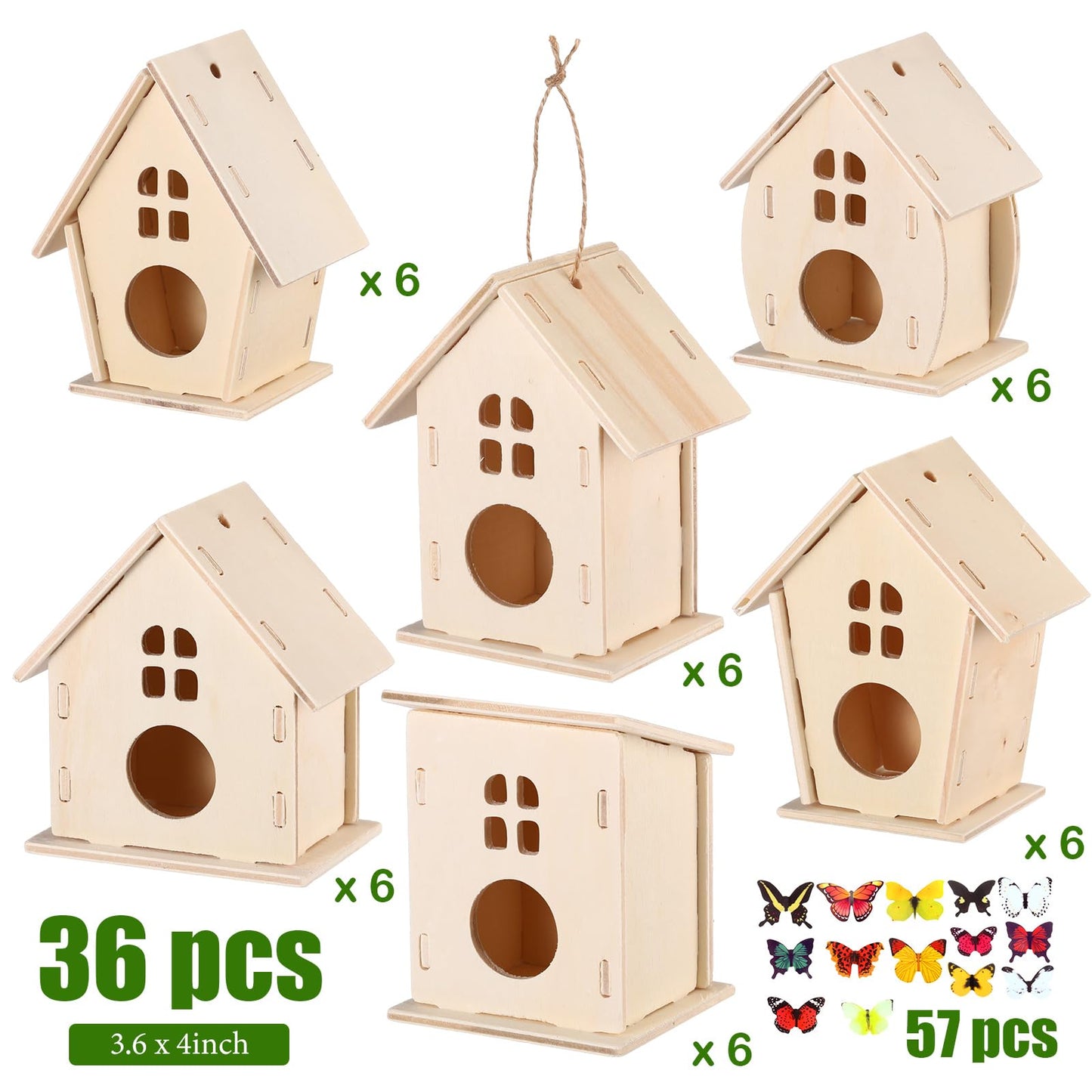 Sawysine 93 Pcs DIY Birdhouse Kits for Kids to Build, 36 Wooden Bird House 6 Shapes and 57 Butterfly Sticker for Children Spring Craft Activity Art Project DIY(Round Entrance)