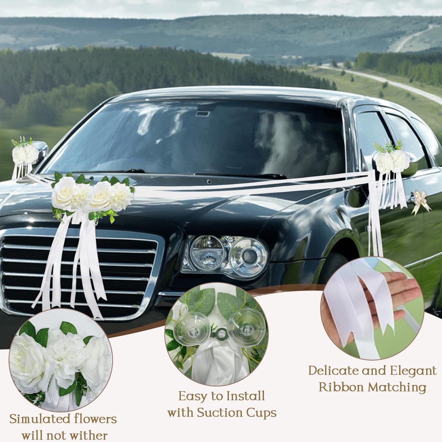 CusDusk White Wedding Car Decoration Kit – Floral Hood Arrangement, Side Mirror Flowers, Satin Ribbons & Door Handle Bows Tapes for Bridal Weddings Vehicles