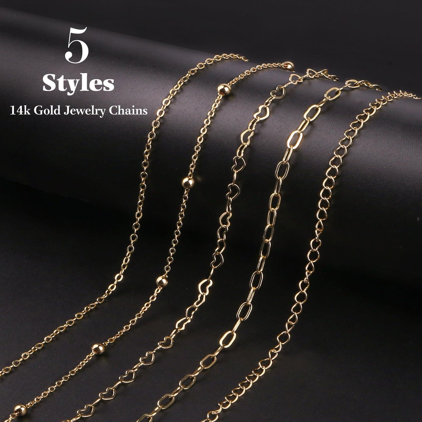 Ecoofor 14k Gold Necklace Chain for Jewelry Making, 16.6 Feet Total (5 Rolls) DIY Bracelet Chains with 300 Jump Rings, 50 Lobster Clasps, 1 Jewelry Pliers,1 Support Ring and 50 Pendants