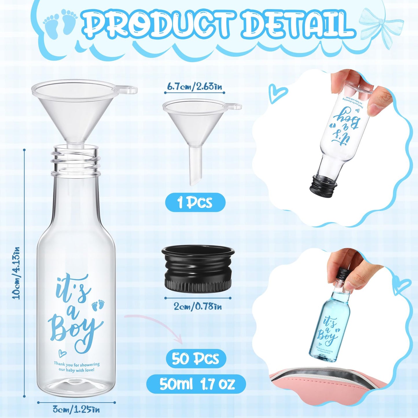 Boao 50 Pcs Baby Shower Favors for Guests Include 50 It's a Boy 1.7oz Mini Empty Plastic Alcohol Shot Bottles with 1 Funnel Baby Shower Return Gift for Guests Gender Reveal Gifts Ideas