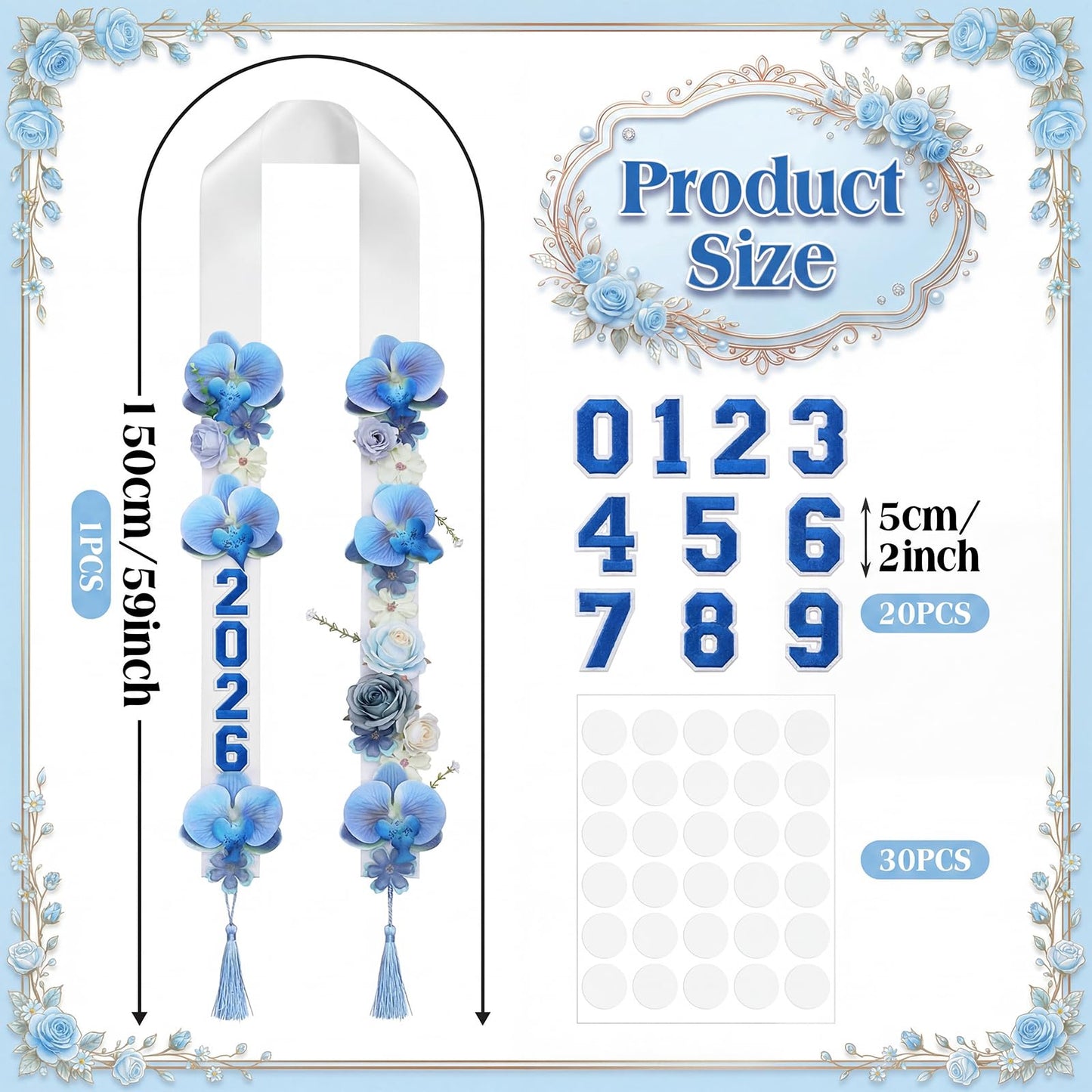 CrystalSylara Graduation Leis Class of 2026 Artificial Flower Sash with 20 Sheets Number Iron on Patches DIY Grad Floral Lei Necklace for High School College Senior Grad Gifts Party Supplies(Blue)