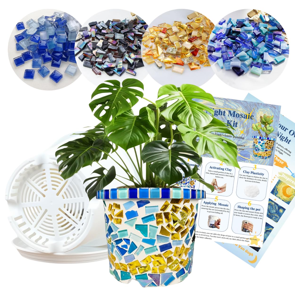 Losnakt Starry Night Style Mosaic Kits for Adults-DIY Flower Pot Arts and Crafts Kits with Mixed Irregular Tiles & Clay, Easy Assemble Perfect for Home Decor, Personalized Gifts & Hobbies for Women