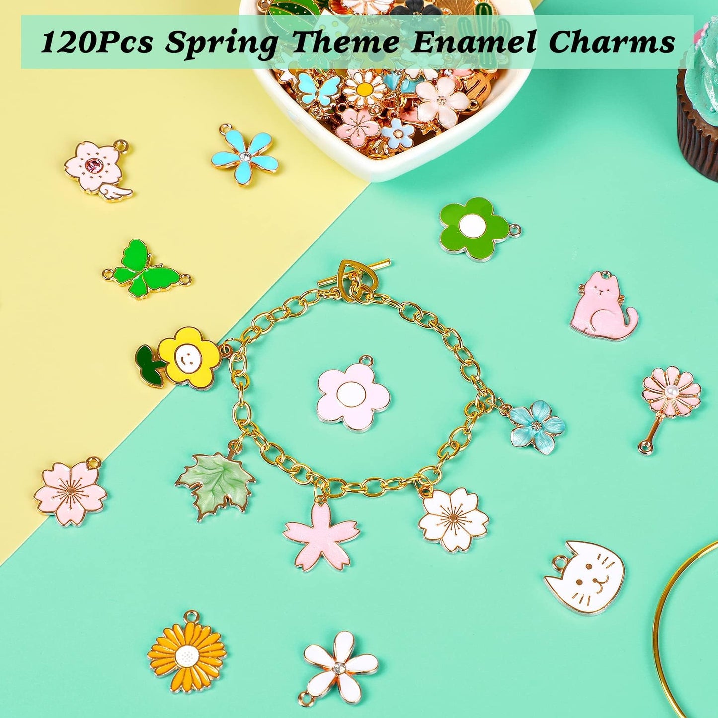 MARFOREVER 120 Pcs Spring Summer Floral Themed Charms, Flower Charms for Jewelry Making, Assorted Gold Enamel Charm Pendants for DIY Necklace Bracelet Earrings Supplies Gifts for Mom Women