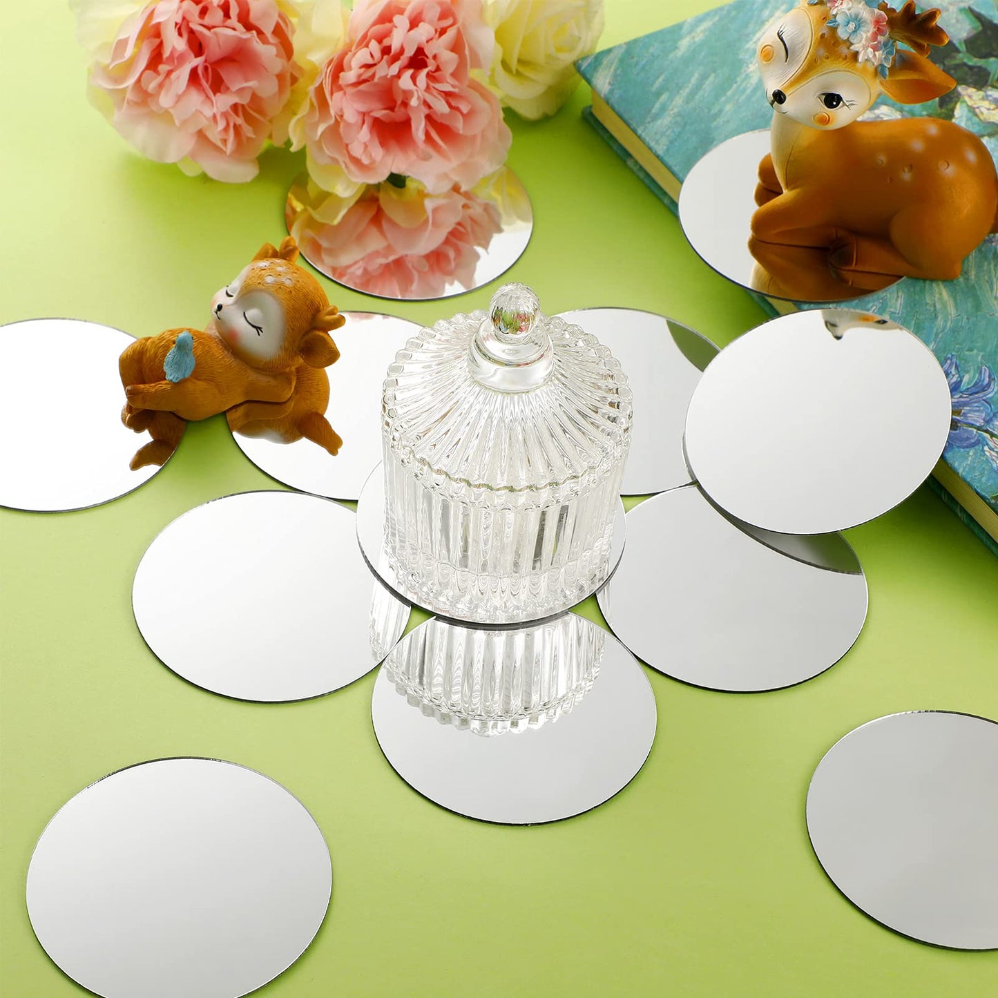 Jetec 25 Pcs Mini Acrylic Round Mirror Tiles, Self Adhesive Non Glass Round Mirror Stickers, Classic Style, for DIY Crafts, Centerpieces, Home Wall Decor, Jewelry Making(5 Inch in Diameter)