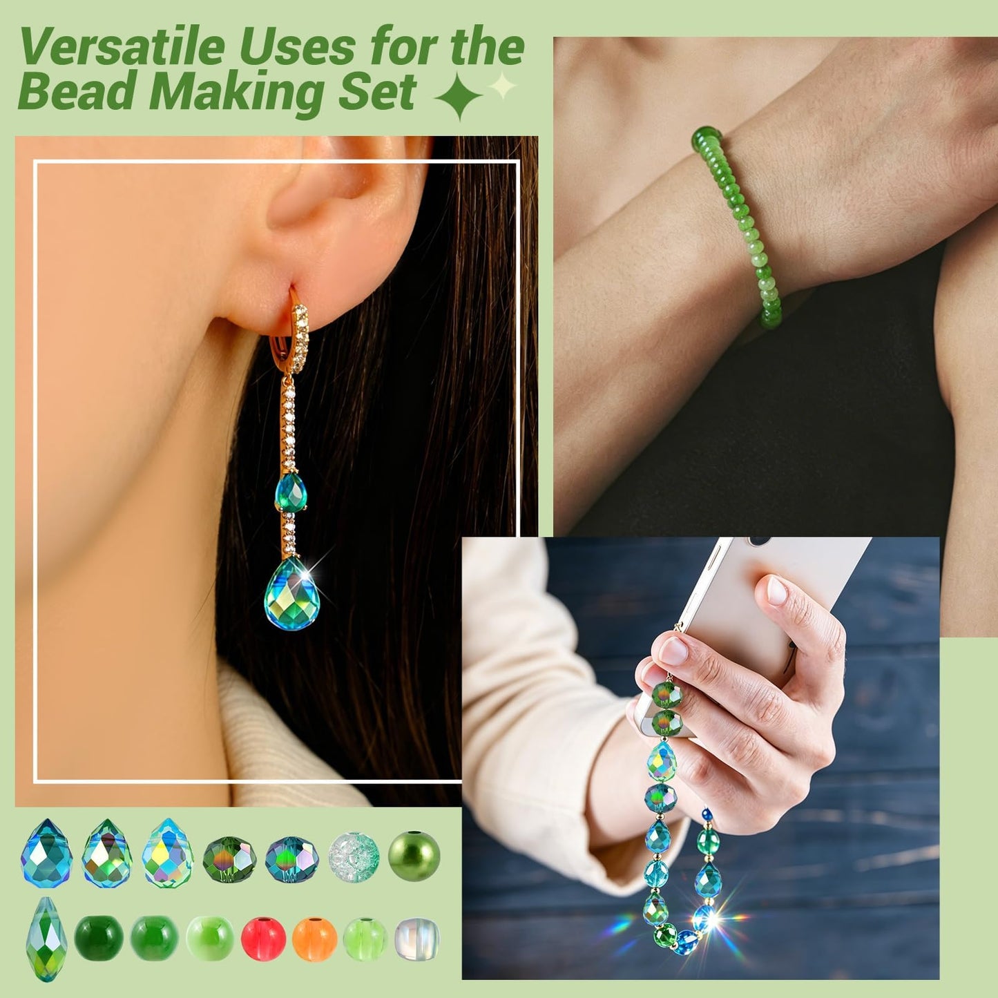 Wurosi 853 PCS Green Beaded Plant Kit with Rattan Basket, Green Beads for Beaded Plants with Hanging Chain and Video Manual, Forever Plant Beaded Making Kit for Jewelry Making and DIY Crafts