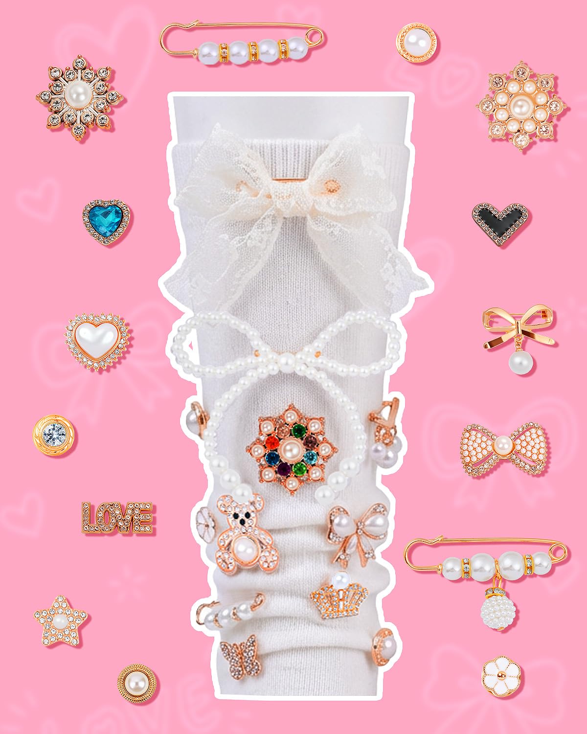 LovelyMoon 70 Pcs Junk Socks Charms Kit, Gold Brooches and Pins for Women, Pearl and Rhinestone Sock Charms with Safety Pins, DIY Accessories for Decorating and Personalizing Socks