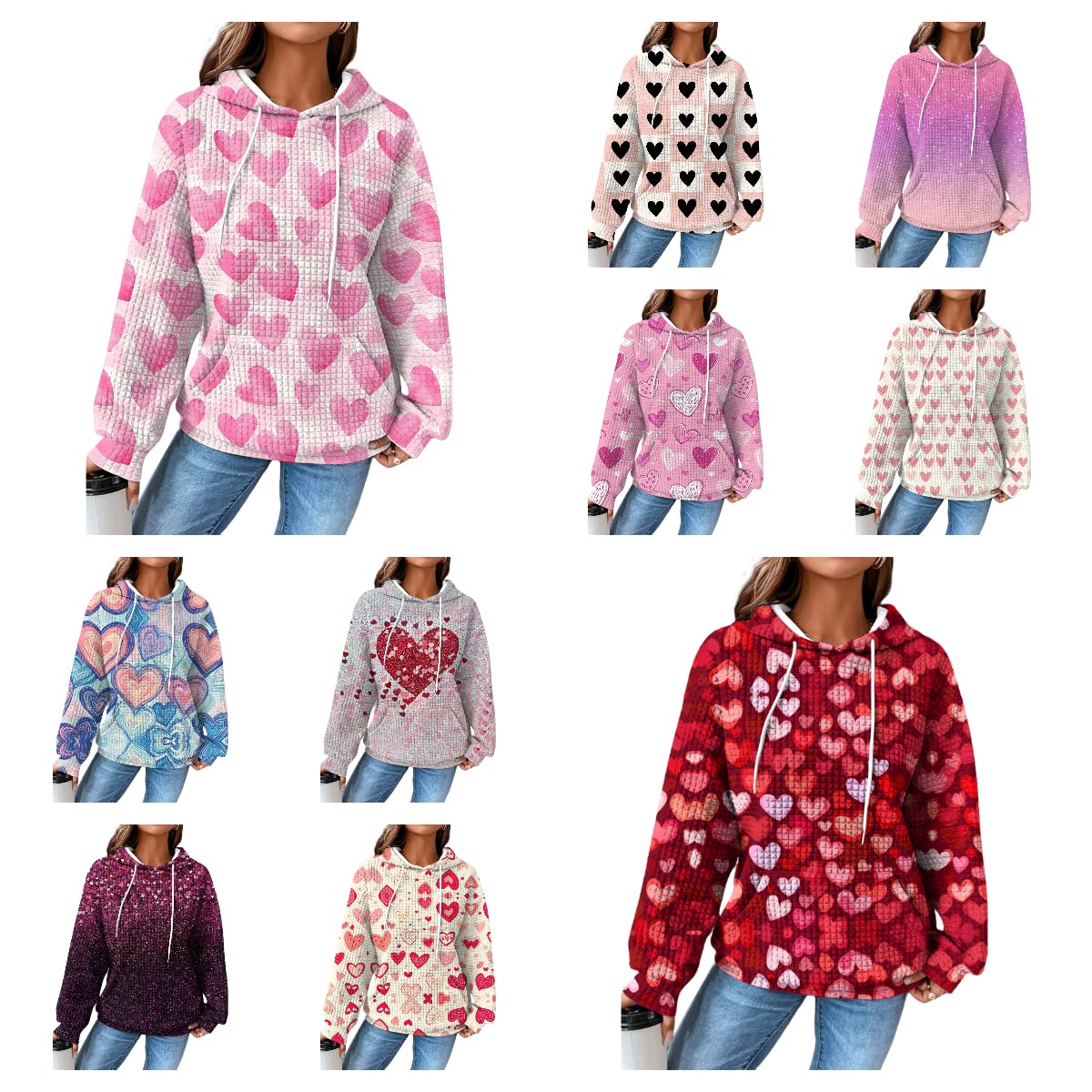 domirica Valentines Day Oversized Hoodie For Women Heart Print Pullover Waffle Long Sleeve Cute Graphic Hooded Sweatshirts Comfy 2025 Spring Fashion Trendy Casual Blouses Wiht Pockets,M